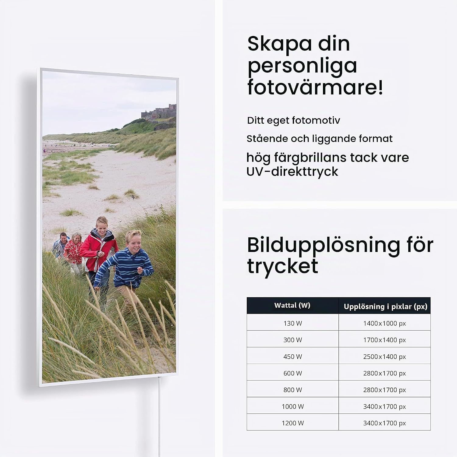 Detalle de Könighaus infravärmare med eget motiv, 1000 W, vit ram och termostat