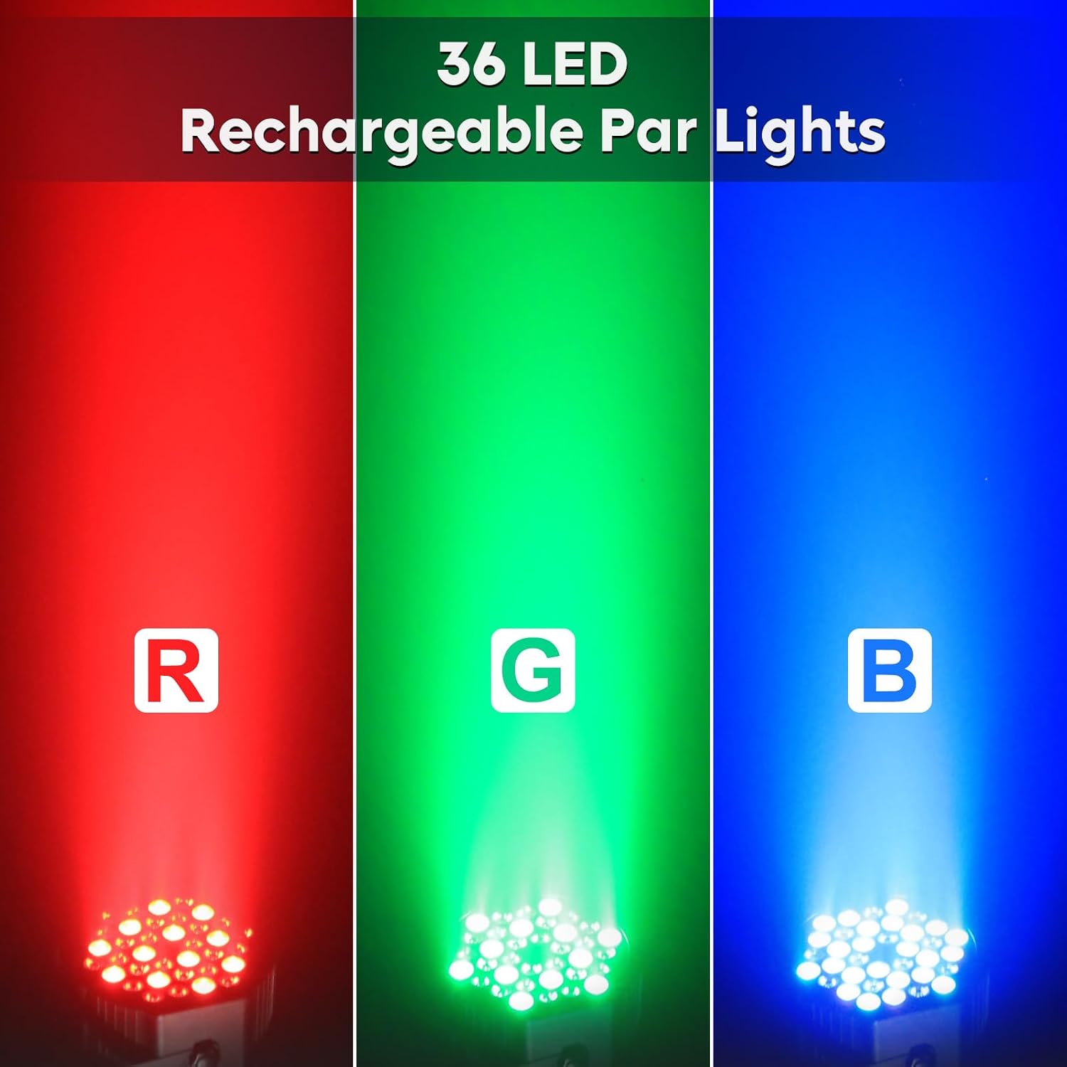 Detalle de HOLDLAMP ZQ01104 Rechargeable RGB PAR Lights, 36W, Wireless, 4-Pack