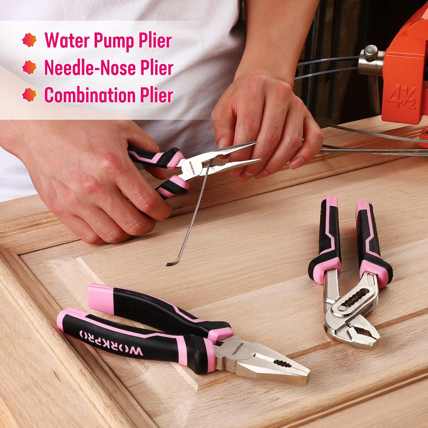 Detalle de WORKPRO 74-Piece Tool Set with Cordless 3.7V Screwdriver (Pink) – Practical DIY Kit for Everyday Home Repairs