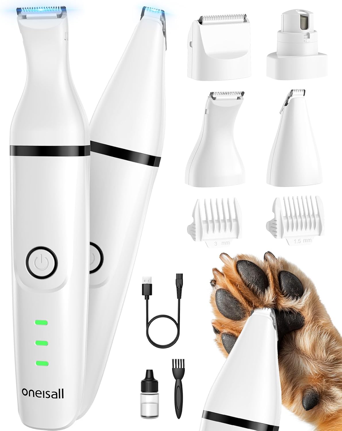 Detalle de oneisall 4in1 Leise Schermaschine für Hund & Katze – Wiederaufladbar mit 4 Multifunktions-Schneidköpfen