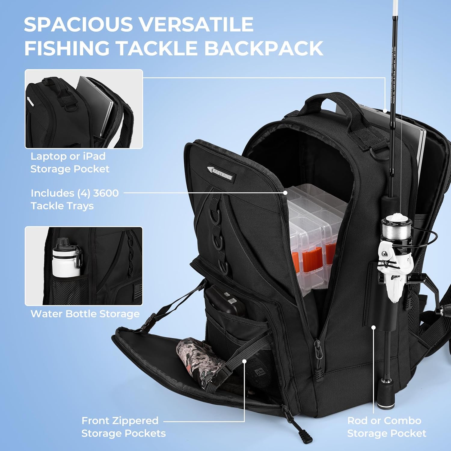Detalle de KastKing KarryAll Fishing Tackle Backpack with Rod Holder and 4 Tackle Boxes