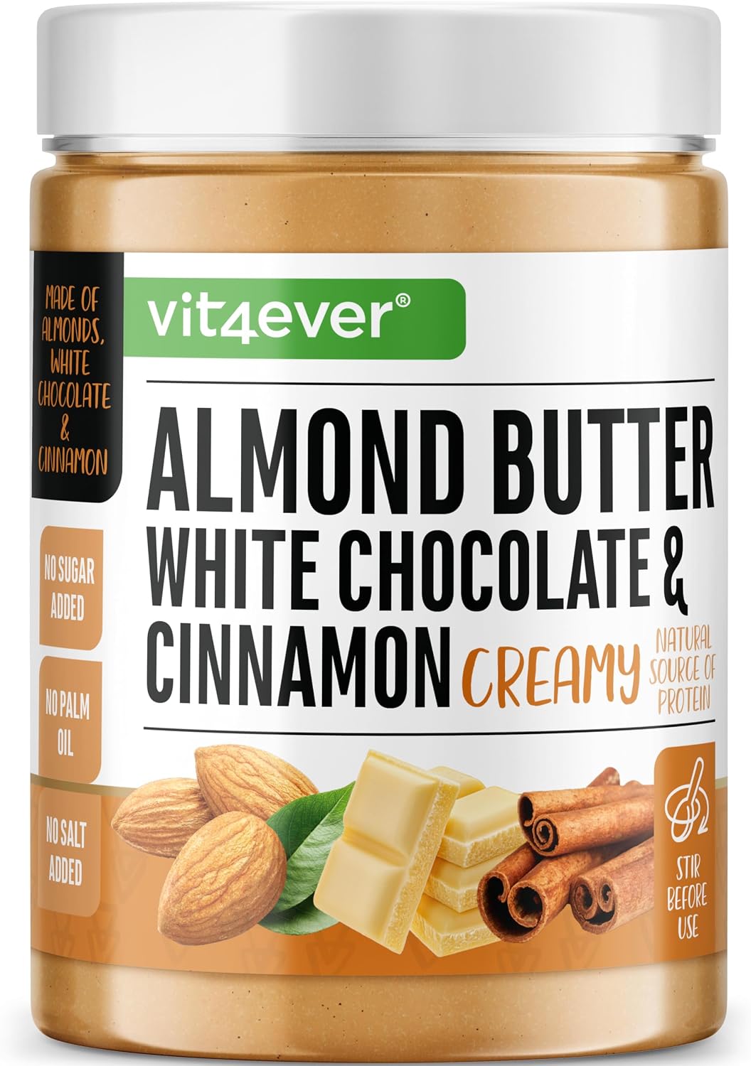 vit4ever Beurre d’amande Chocolat blanc Cannelle, 1 kg (naturel) – texture onctueuse, sans huile de palme