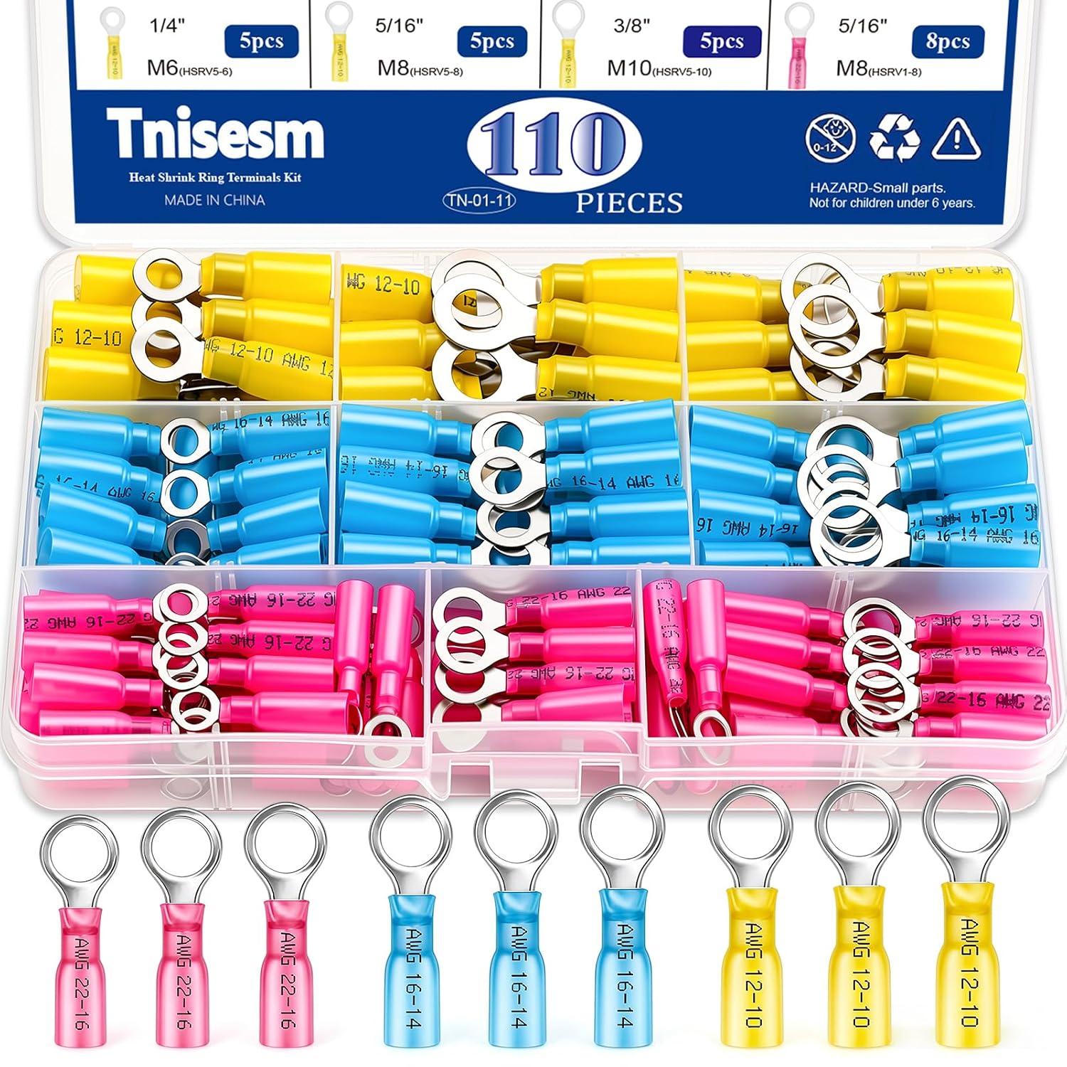 Detalle de Tnisesm Heat Shrink Style 110-Piece Ring Terminal Kit, Waterproof Crimp Connectors