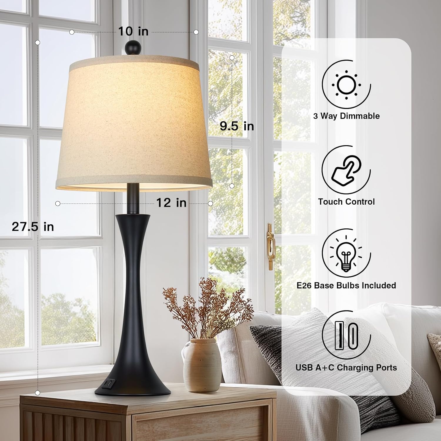 Detalle 2 de Rinweey TD-RW-635 Table Lamp Set of 2, Touch-Dimmable with USB-C and USB-A