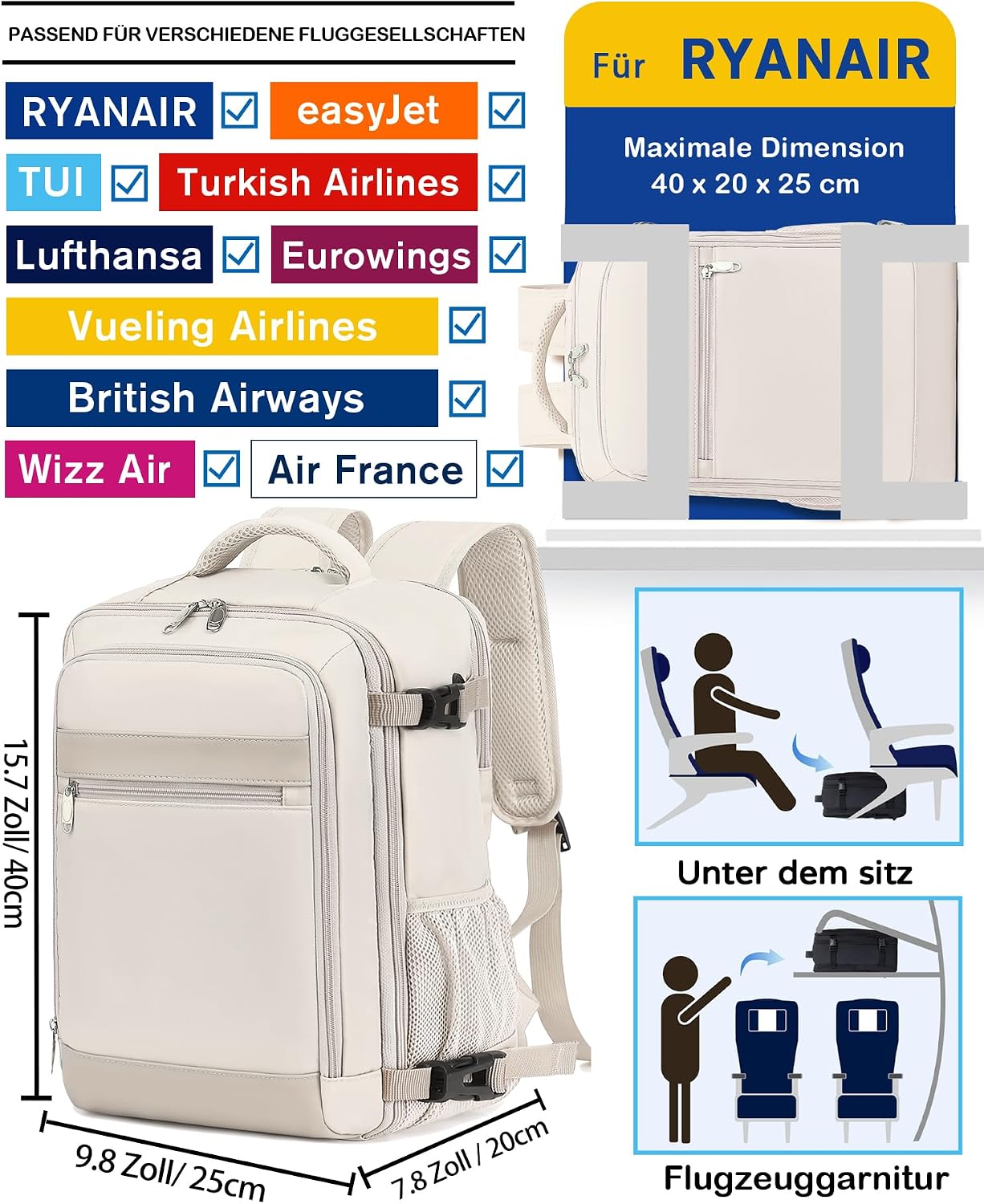 Thumbnail 1 de KLOSTAIN Handgepäck-Rucksack 40 x 20 x 25 cm (20 L) mit 14-Zoll-Laptopfach – Beige