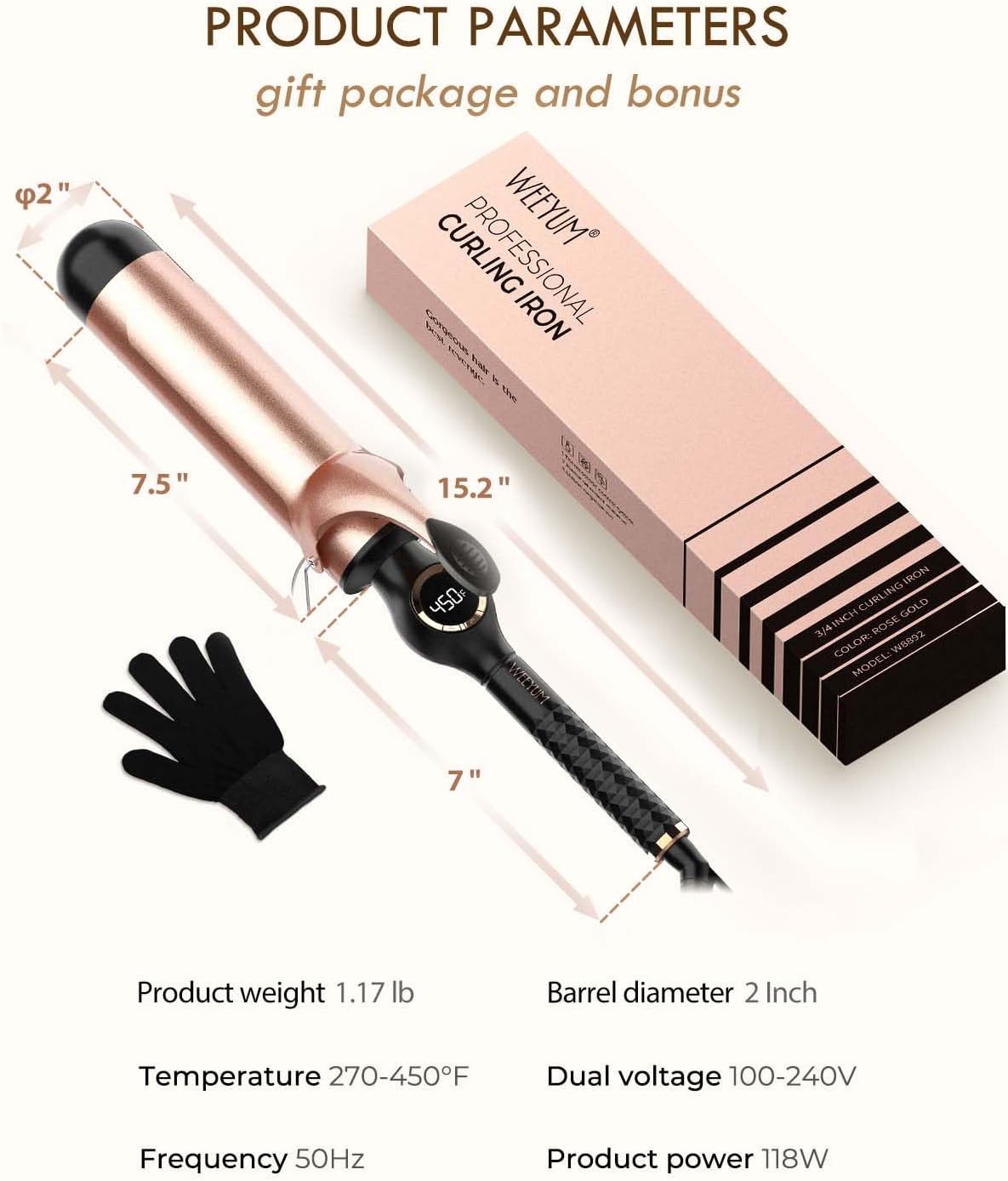 Thumbnail 6 de Large Curling Iron 2 Inch with Ceramic Long Barrel — Dual Voltage, LCD Display