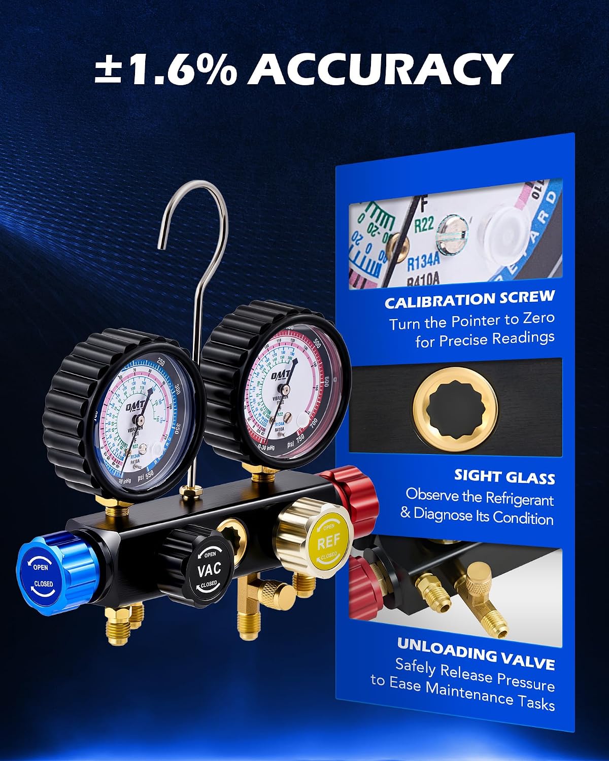 Thumbnail 4 de Orion Motor Tech 4-Way AC Gauge Set for R410a, R22 & R134a with 5 ft Hoses, Adapters & Can Tap