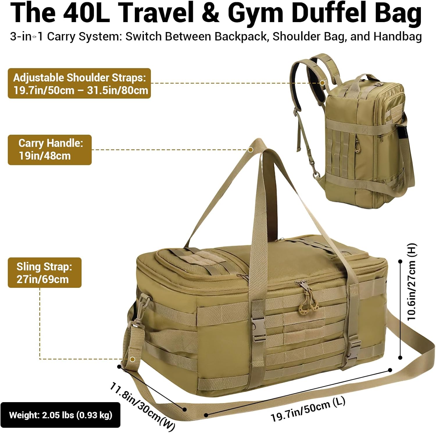 Thumbnail 1 de Tactical Gym Bag for Men 40L: 3-in-1 Duffle, Backpack and MOLLE Storage
