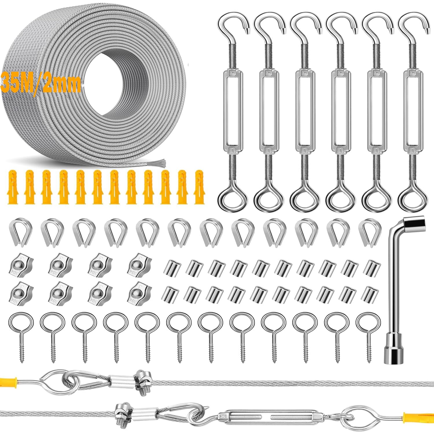 35 m Drahtseil Rankhilfe-Set (2 mm, ummantelt) inkl. Seilspanner, Drahtseilklemmen & Zubehör