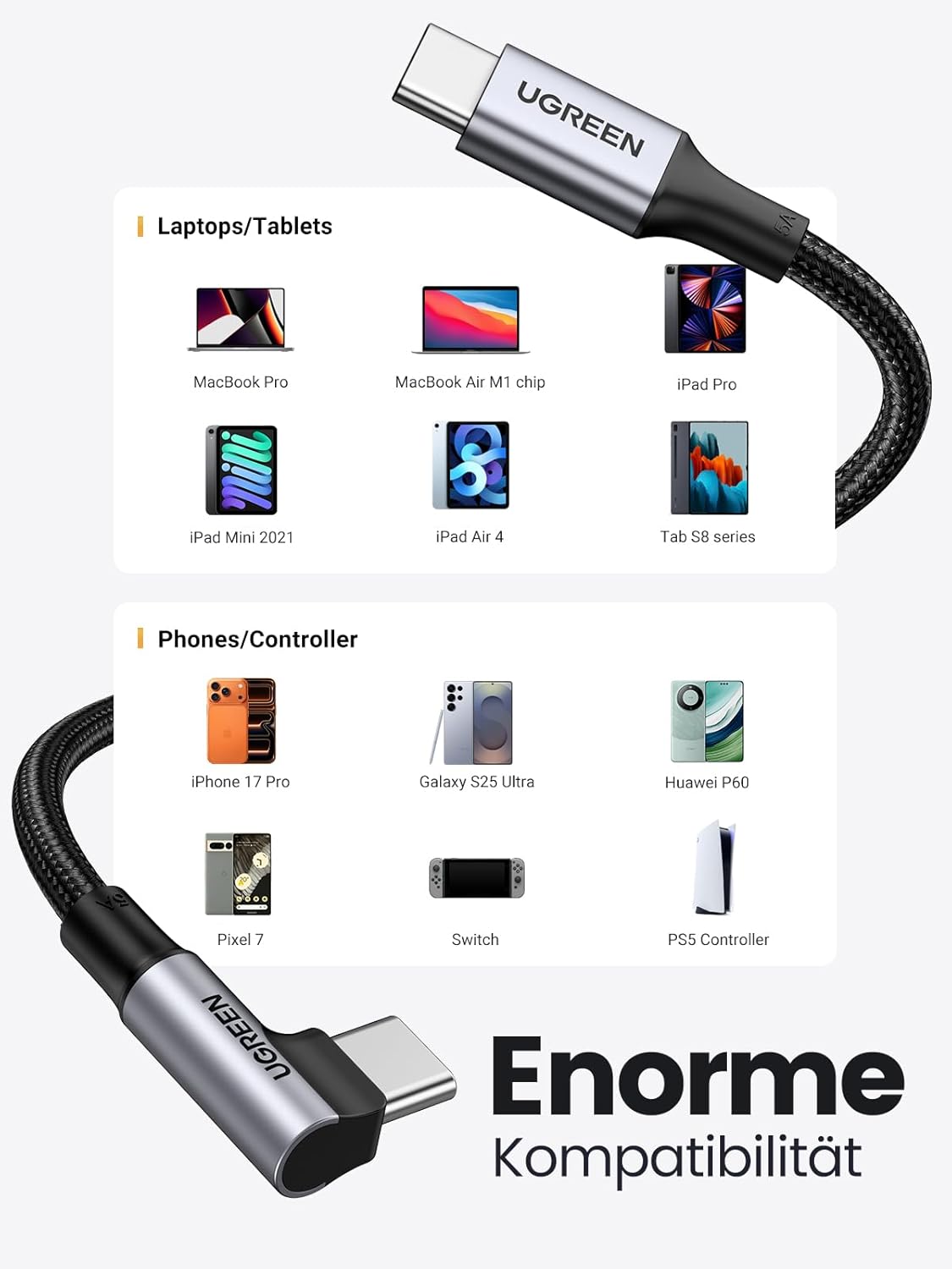 Thumbnail 6 de UGREEN USB-C Kabel 100W Winkelstecker (USB-C auf USB-C) mit PD 3.0/PPS, 0,5 m