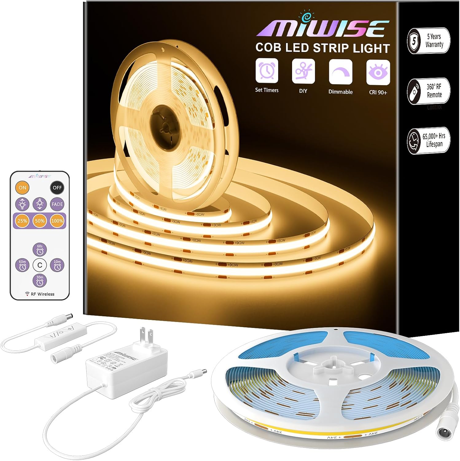 Detalle de MIWISE MCOB320DF10W24-10M-2700K-13KEY COB LED Strip, 2700K, Dimmable