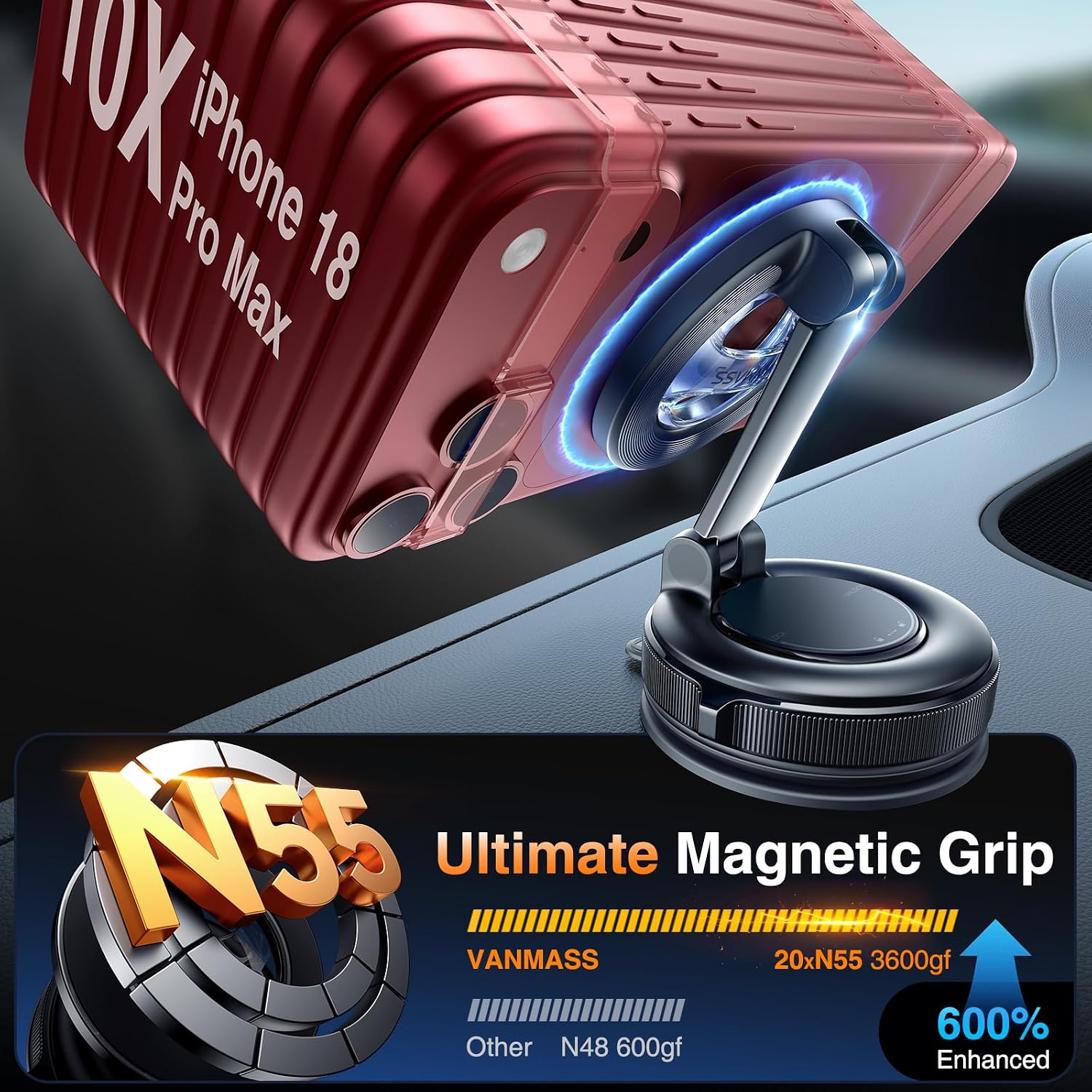 Detalle de VANMASS MagSafe car phone mount with 360° rotation