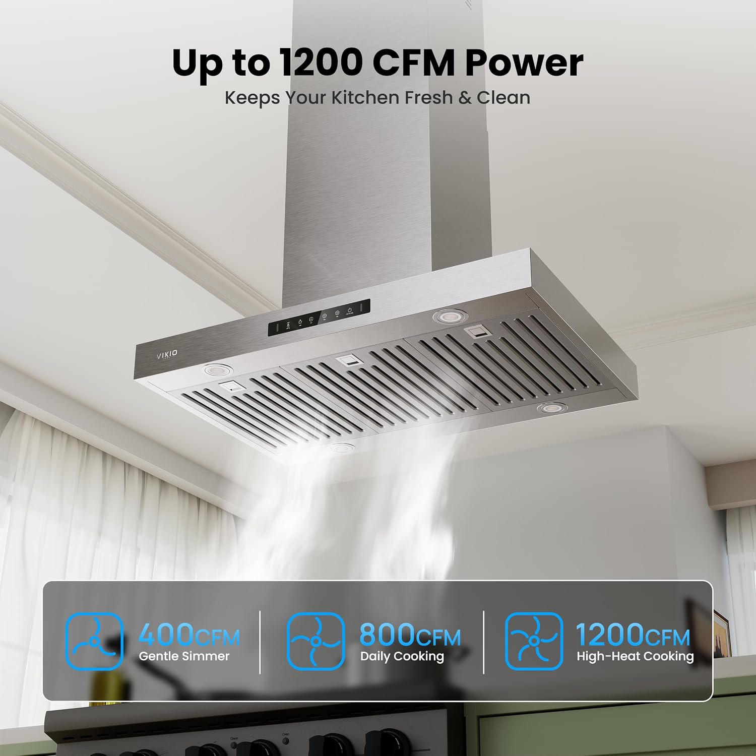 Detalle de VIKIO HOME RI51-30 30-Inch Island Range Hood, 1200 CFM, Gesture and Touch Controls