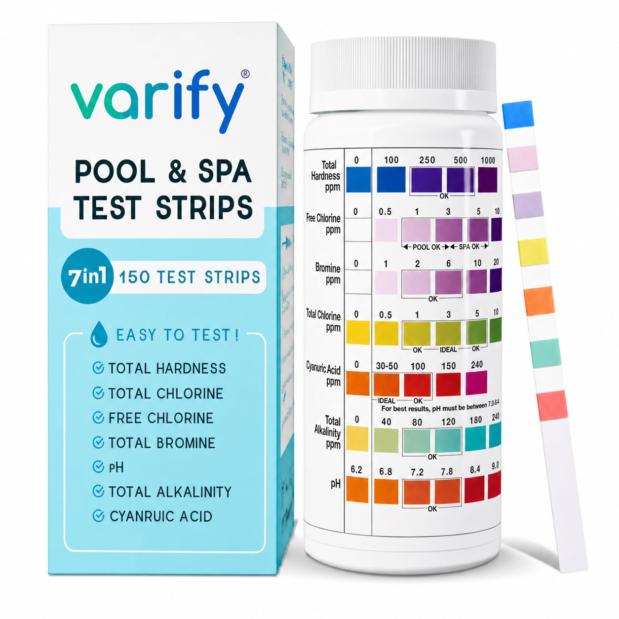 Detalle de VARIFY 7-in-1 Pool and Spa Test Strips, 150 Count