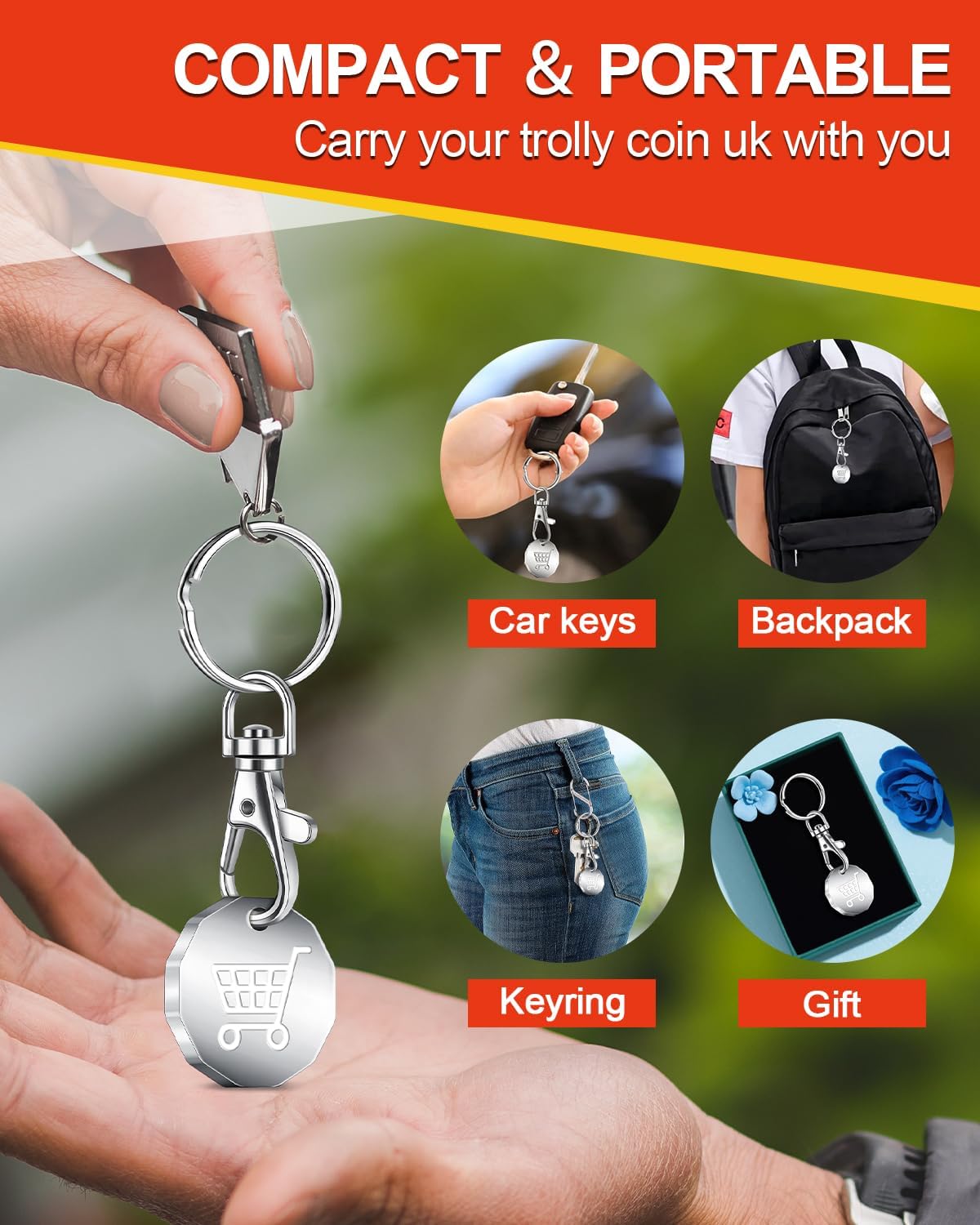 Thumbnail 5 de Caianwin Trolley Token Stainless Steel Trolley Coin – 12-Sided UK Pound Keyring (2 Pack) for Removable Trolleys