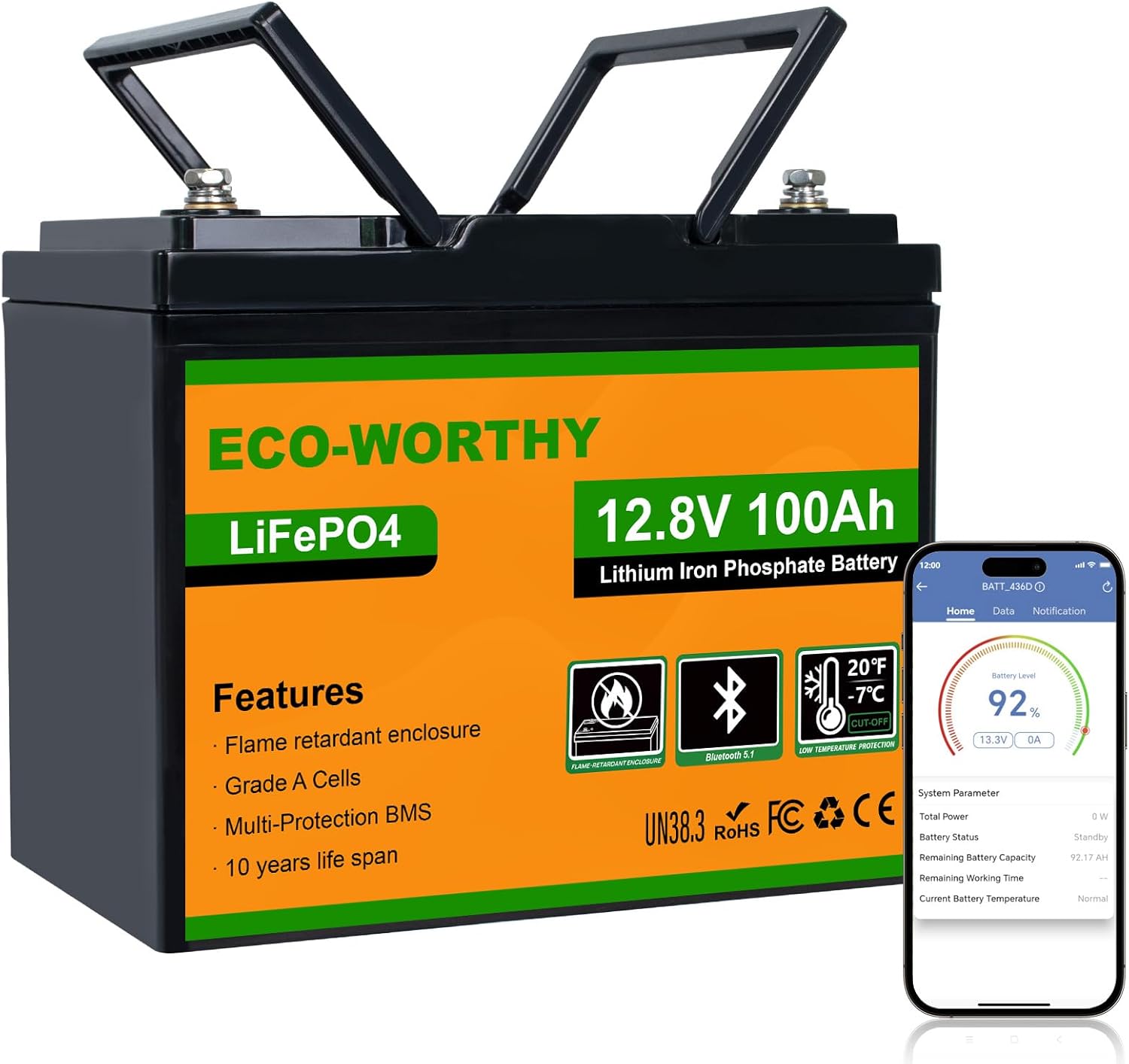 Detalle de ECO-WORTHY 12 V 100 Ah LiFePO4-batteri med Bluetooth och lågtemperaturskydd