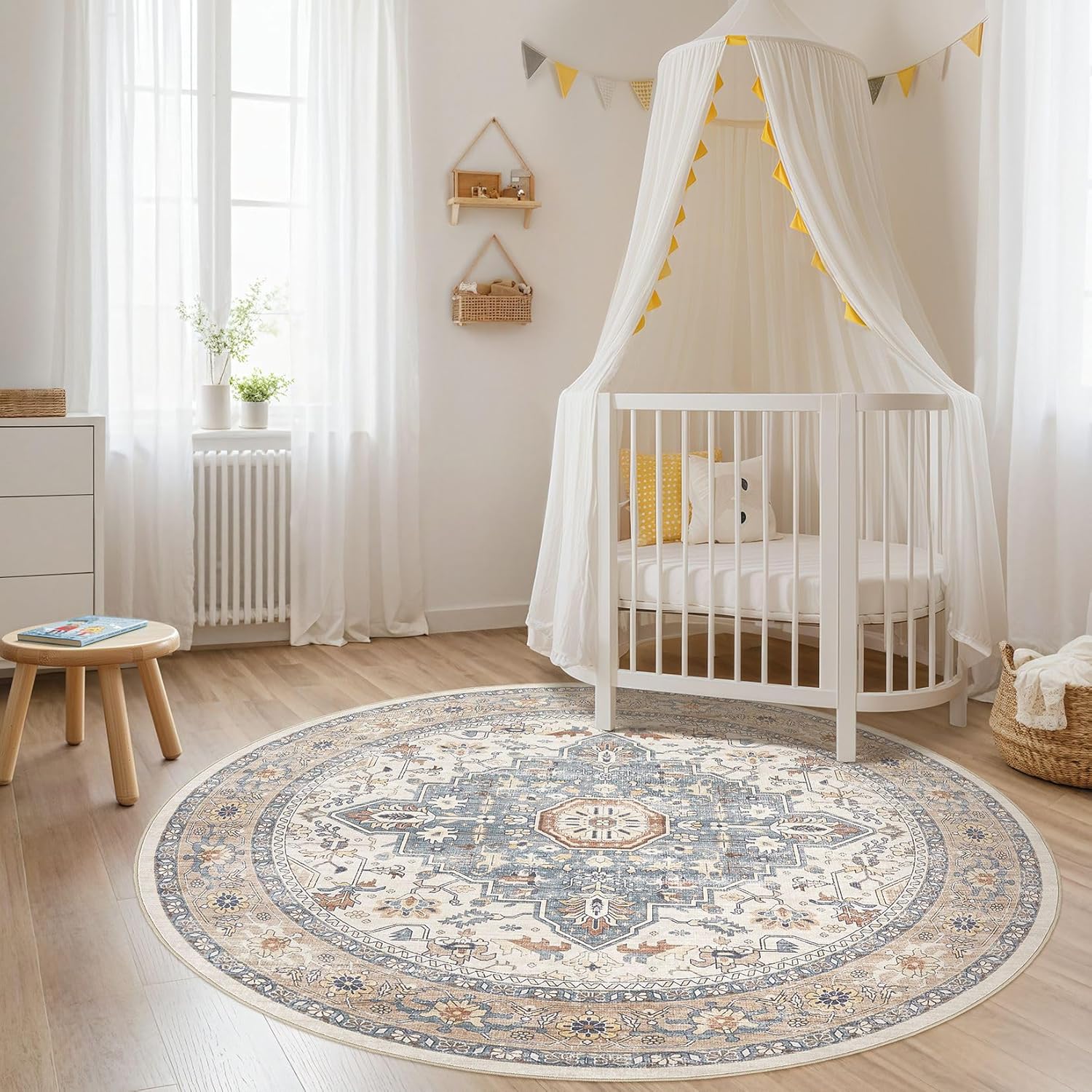 Thumbnail 4 de Round Rug Living Room Rugs: 6Ft Washable Boho Neutral Circle — 0.25" Pile with Rubber Backing