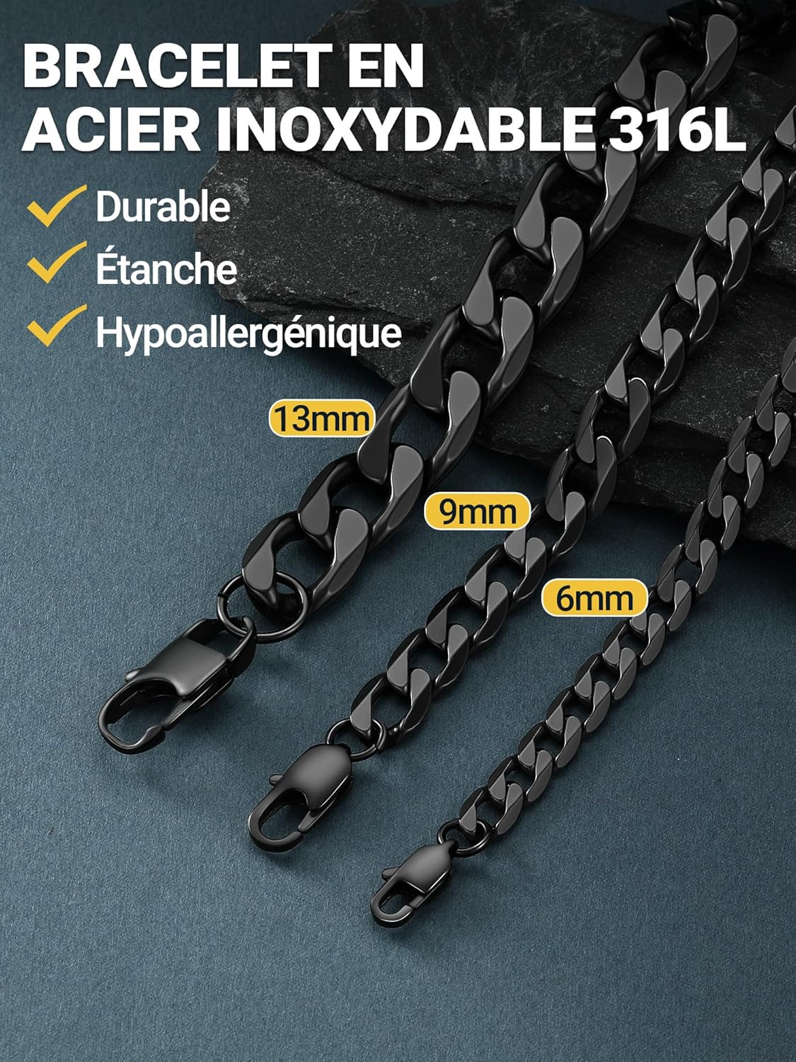 Thumbnail 4 de PROSTEEL Gouremtte: Bracelet Panzer en acier inoxydable 316L – version 19/21/23 cm, largeurs 6/9/13 mm, or jaune plaqué et noir