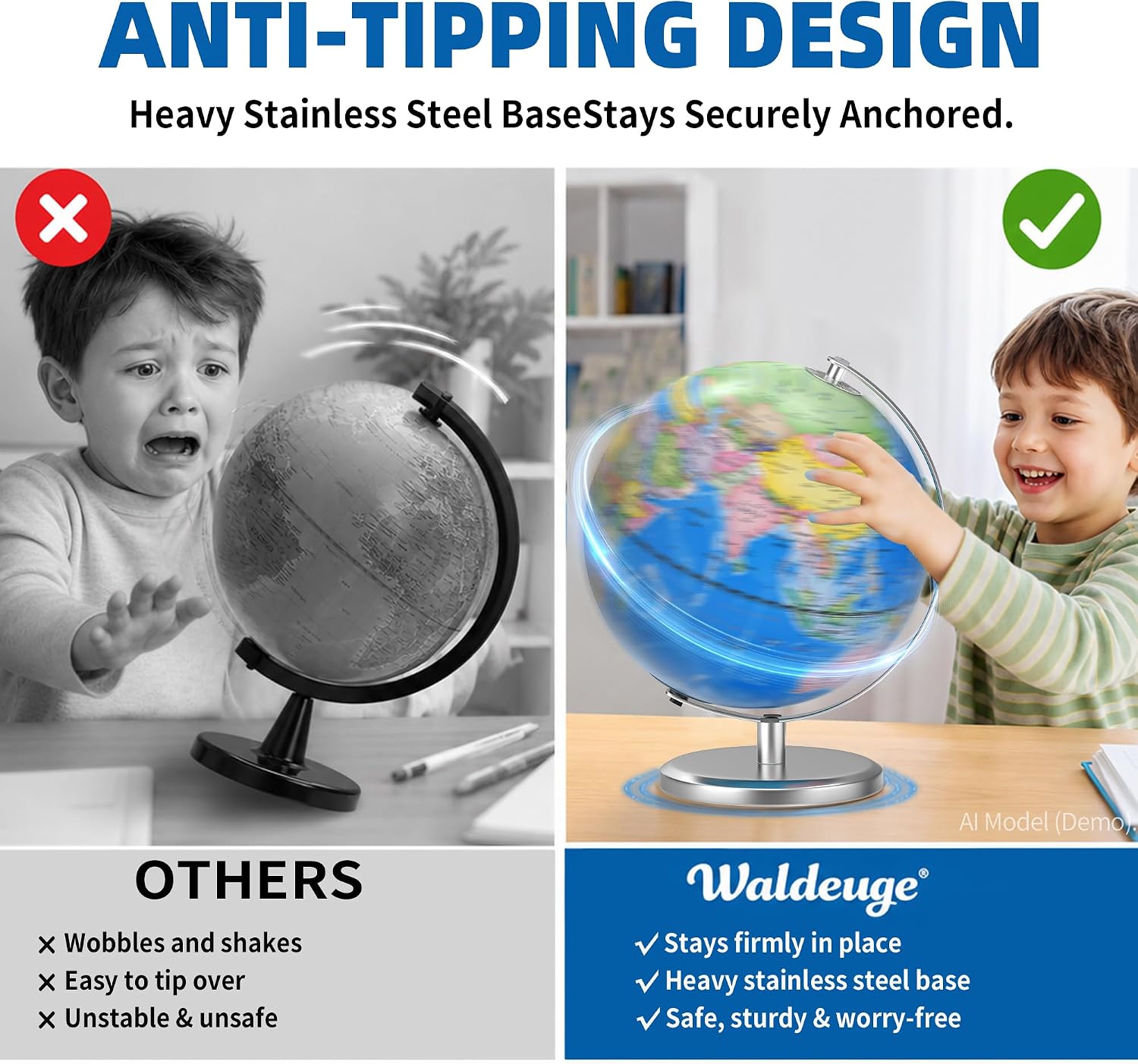 Thumbnail 2 de Waldauge Illuminated World Globe with Stand – 9" HD Map, Stable Metal Base, and LED Night Light
