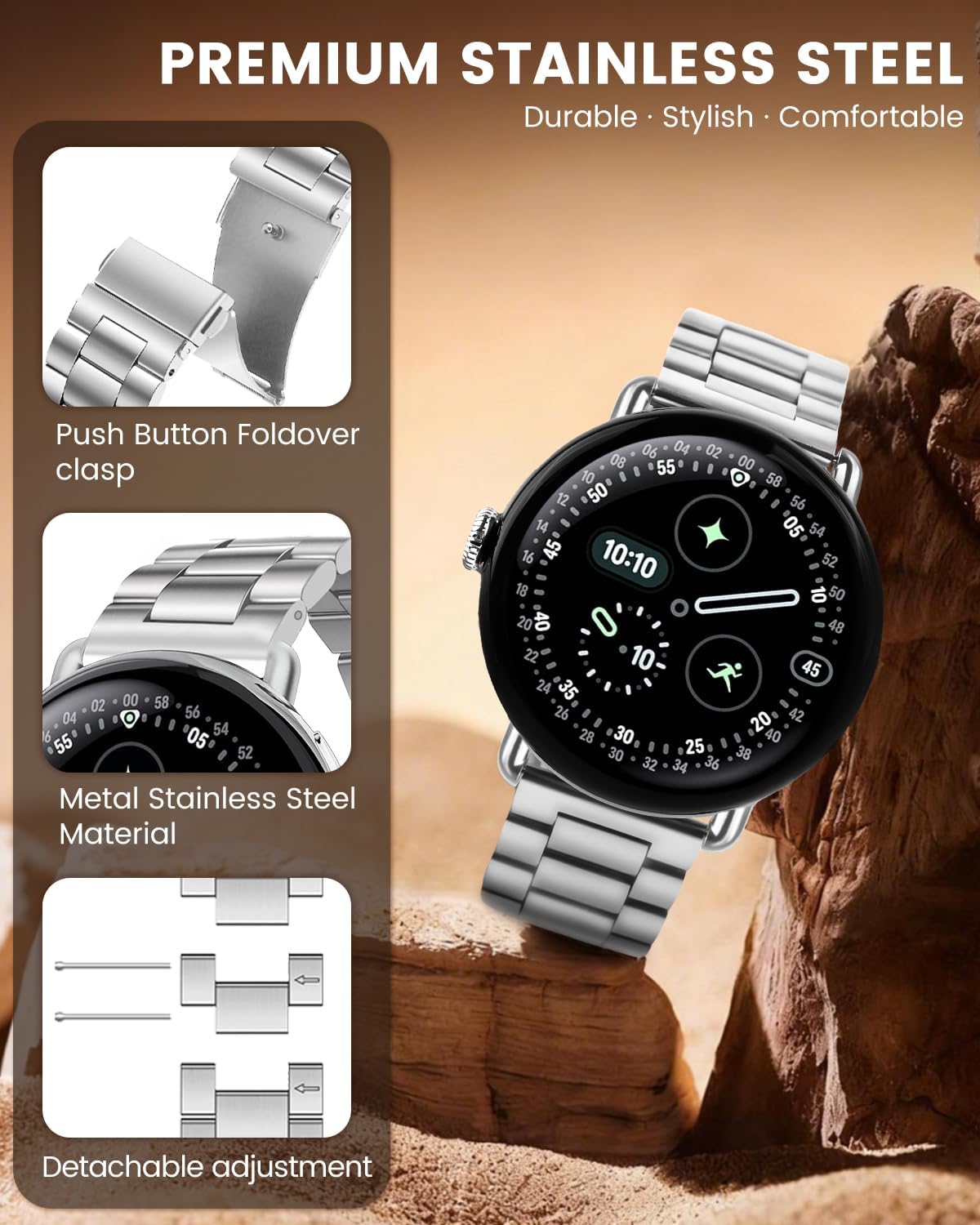 Detalle de BlackPro ステンレススチールバンド Google Pixel Watch 3/4 45mm対応 調節可能・ボタン式クラスプ