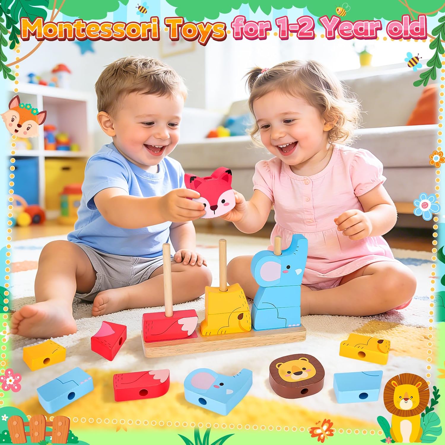 Detalle de Montessori Wooden Stacking Animal Toy Set for 1–3 Year Olds (Elephant, Lion, Fox)