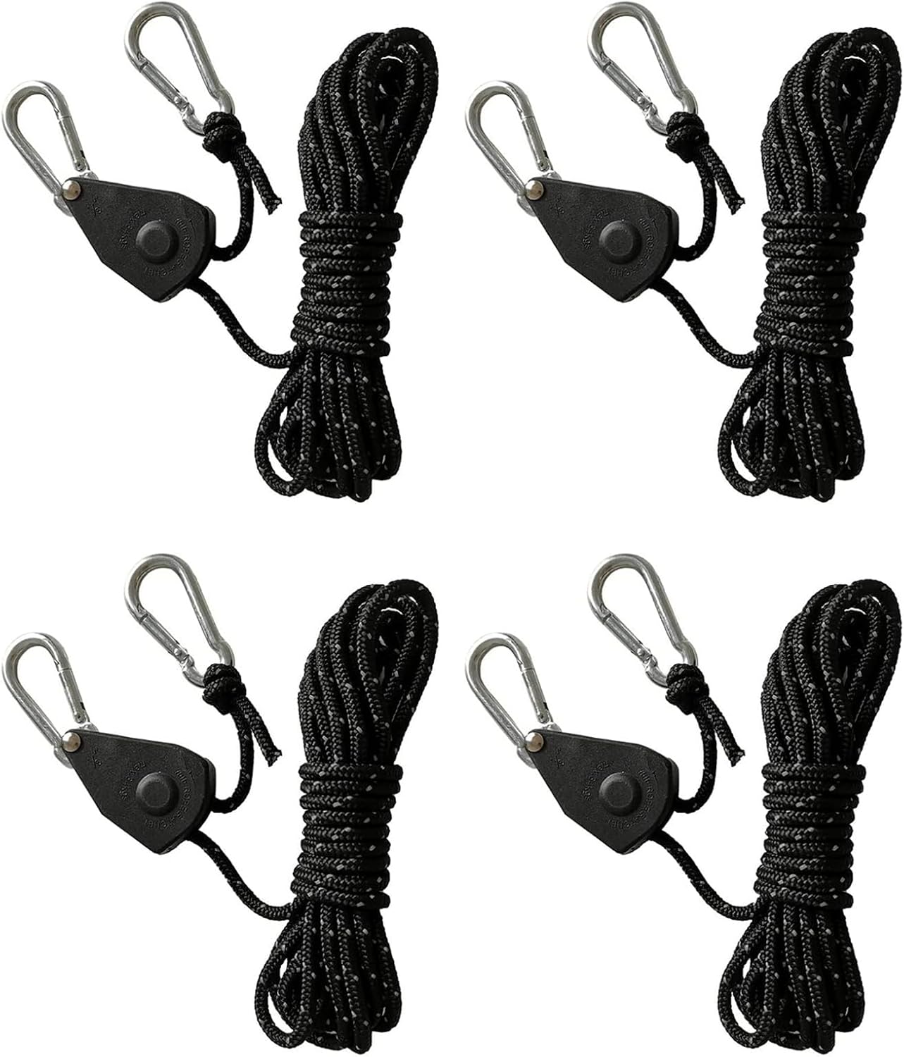 Lepidi 4er-Set verstellbare Seil-Ratsche (4 mm) mit Haken, Nylon schwarz reflektierend