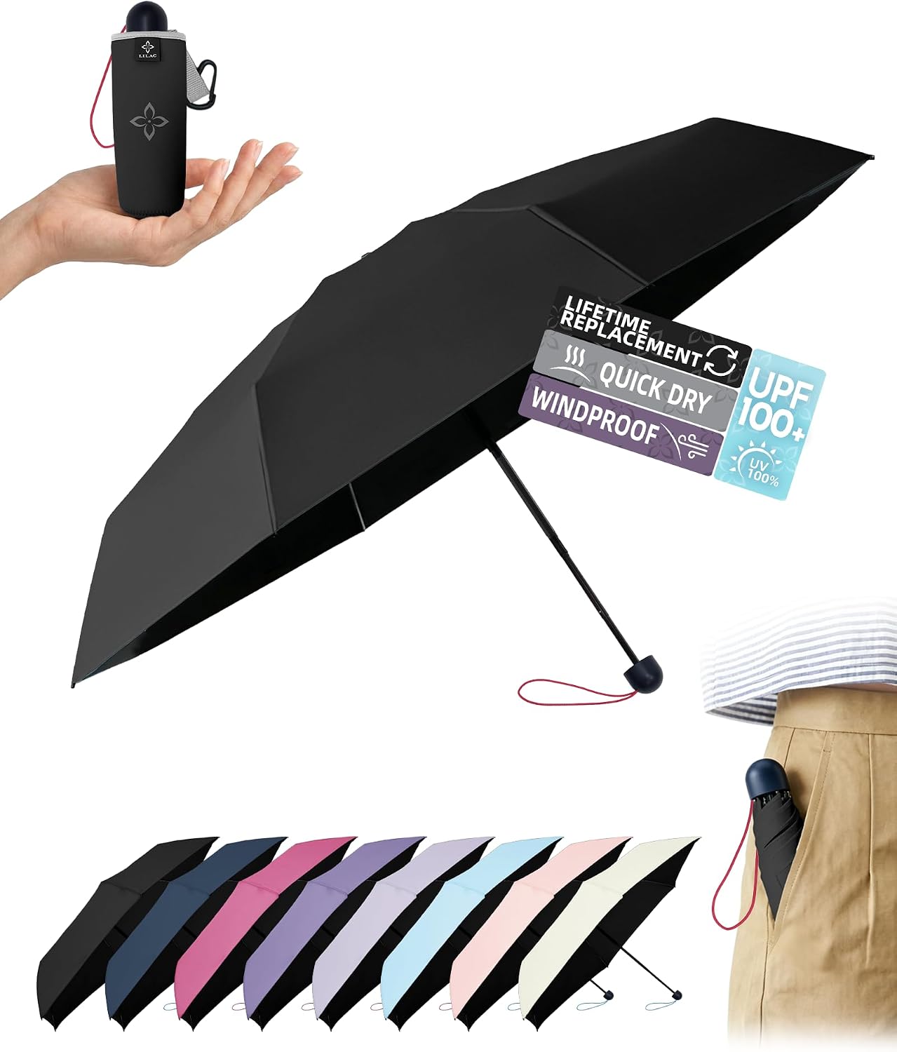 LILAC Compact Travel Umbrella: Windproof 5-Fold Mini Parasol with UV Protection