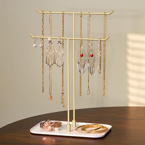 Detalle de Josmimic Soporte para Joyas: bandeja dorada de doble barra para collares, pulseras y anillos