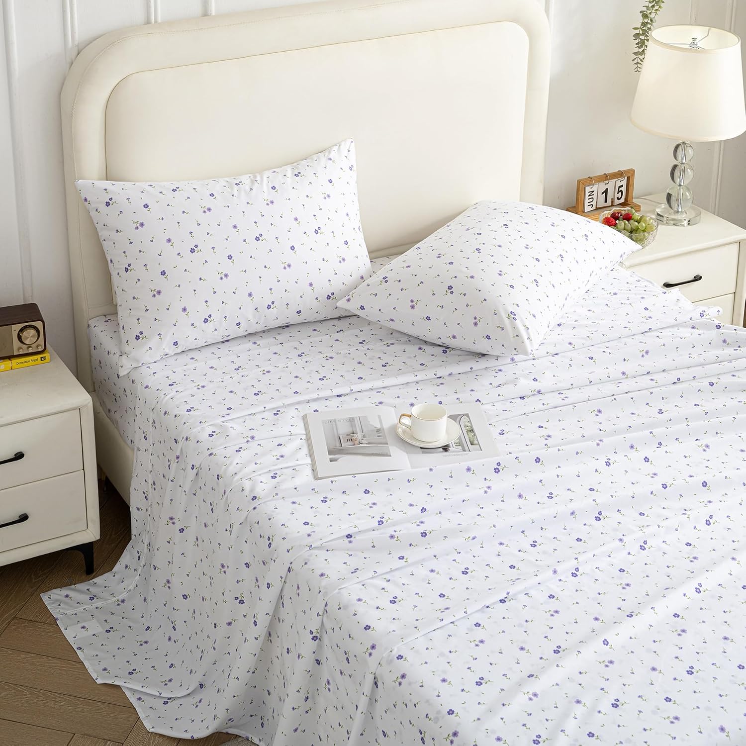 Detalle de Softan Floral Queen Sheet Set (Purple Flower) — Microfiber 4-Piece Bedding Set with 15" Deep Pocket