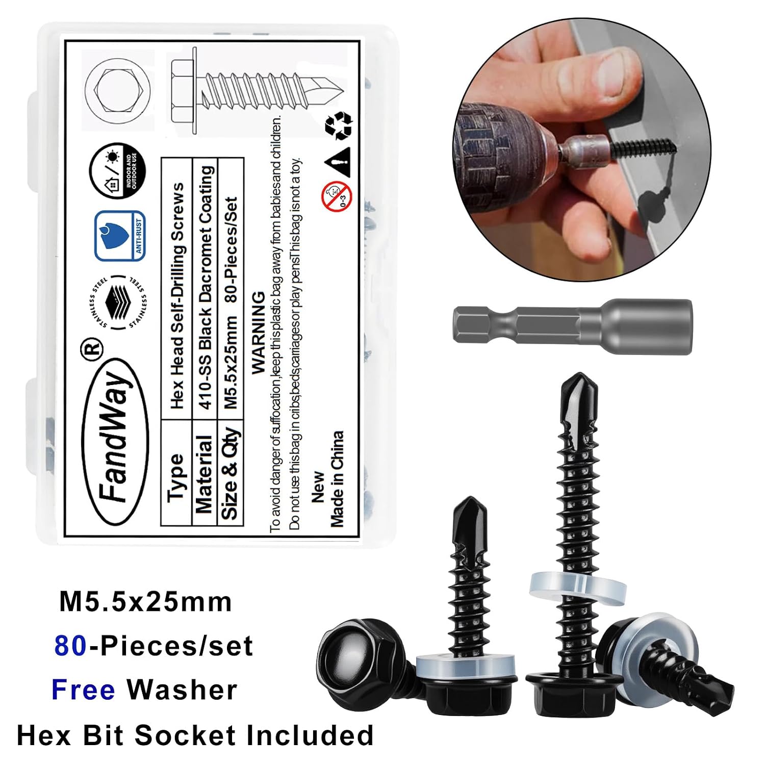 Thumbnail 1 de FandWay 80x Trapezblechschrauben M5,5x25 mm aus Edelstahl 410 schwarz (inkl. 1 Bit)