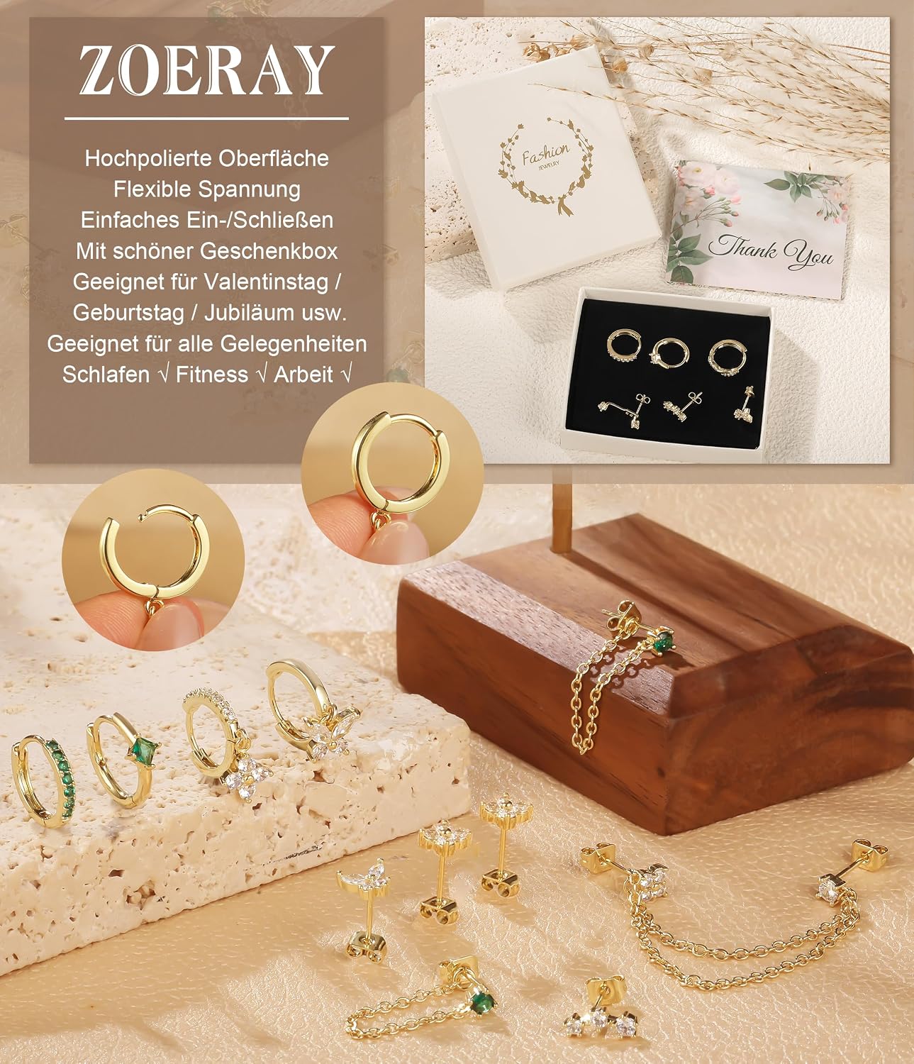 Thumbnail 6 de ZOERAY 3 Paar Ohrringe Silber 925 / Gold – Vielseitiges 3er Set für Damen, wasserfest und hypoallergen