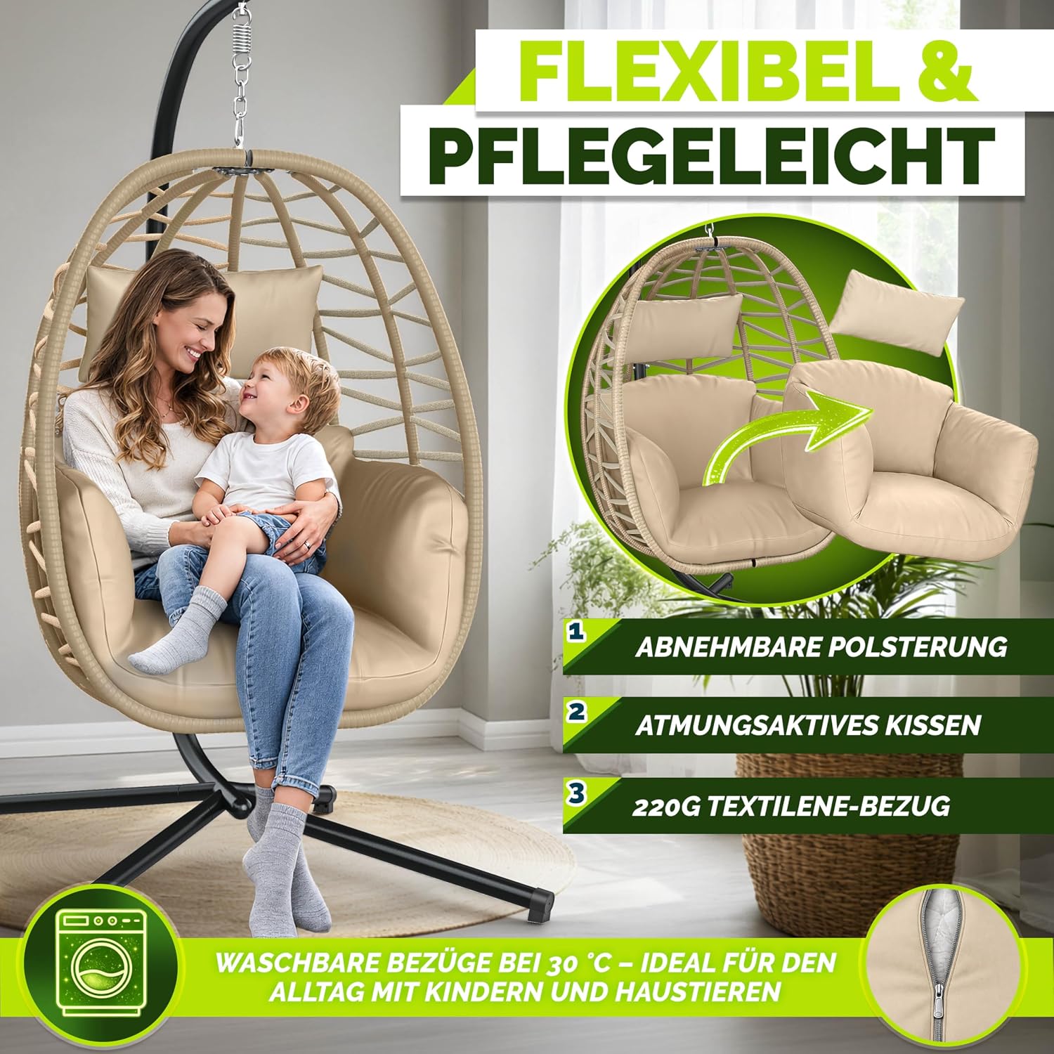 Thumbnail 5 de tillvex Hängesessel mit Gestell – wetterfester Outdoor Hängesessel aus Polyrattan (Beige)
