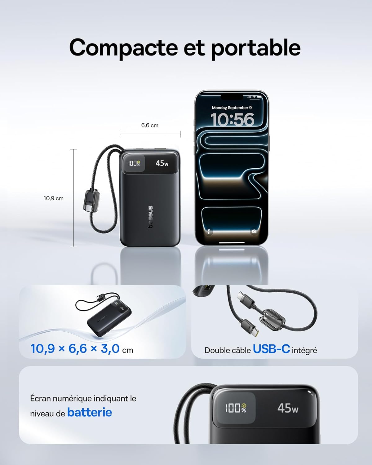 Thumbnail 3 de Baseus FC11 Powerbank Compact 45W 20000 mAh avec 2 câbles USB-C intégrés