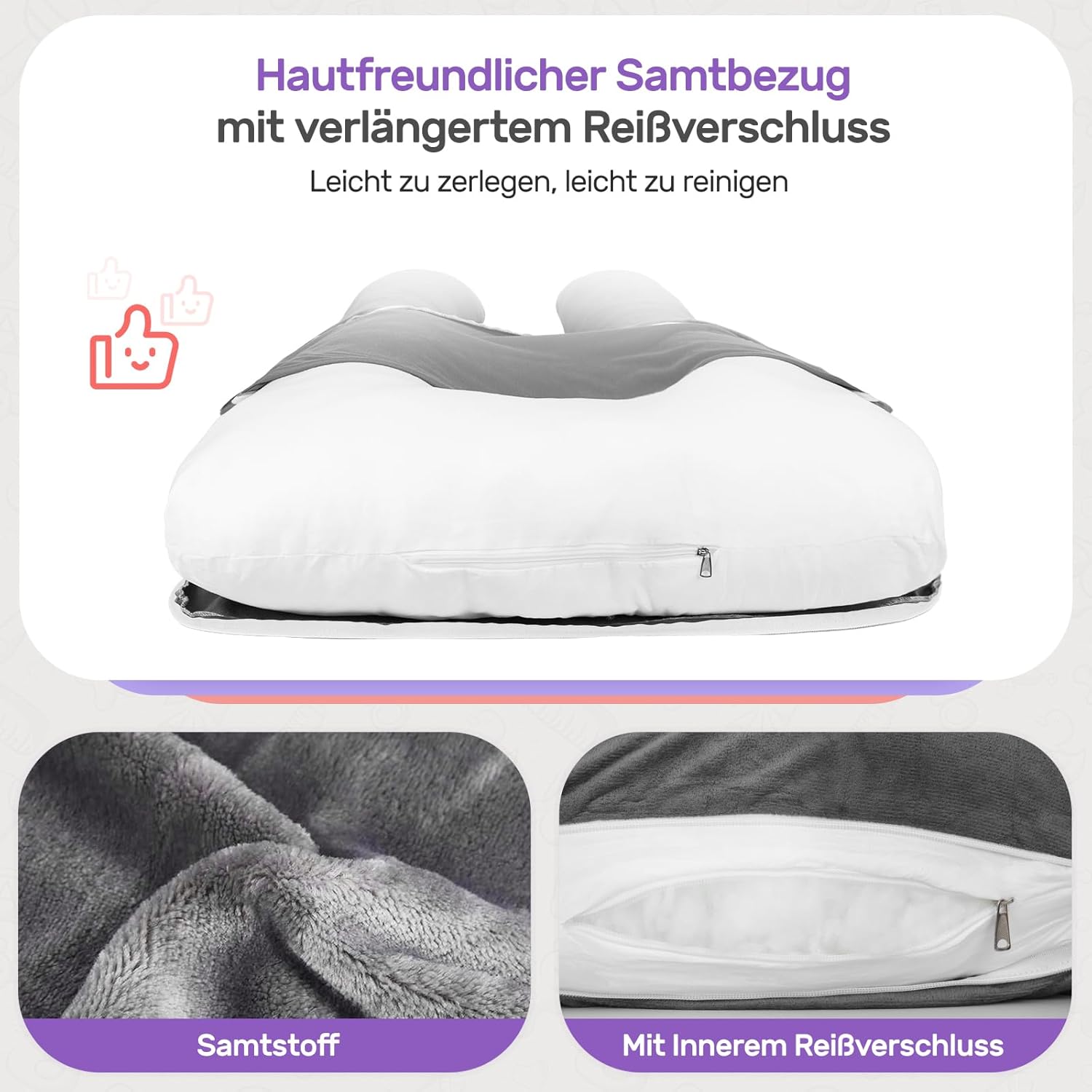 Thumbnail 5 de Nuliie Schwangerschaftskissen U-Form – Komplettunterstützendes Kissen mit waschbarem Bezug (Grau)