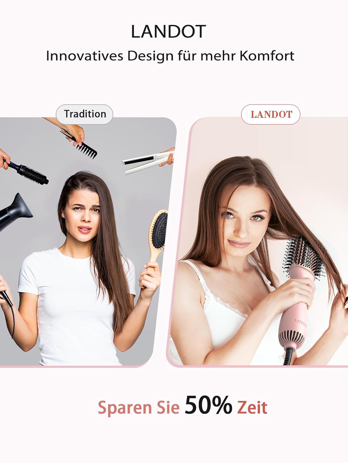 Thumbnail 1 de LANDOT Föhnbürste & Warmluftbürste 2-in-1 mit Keramik & Negativ-Ionen für Glanz