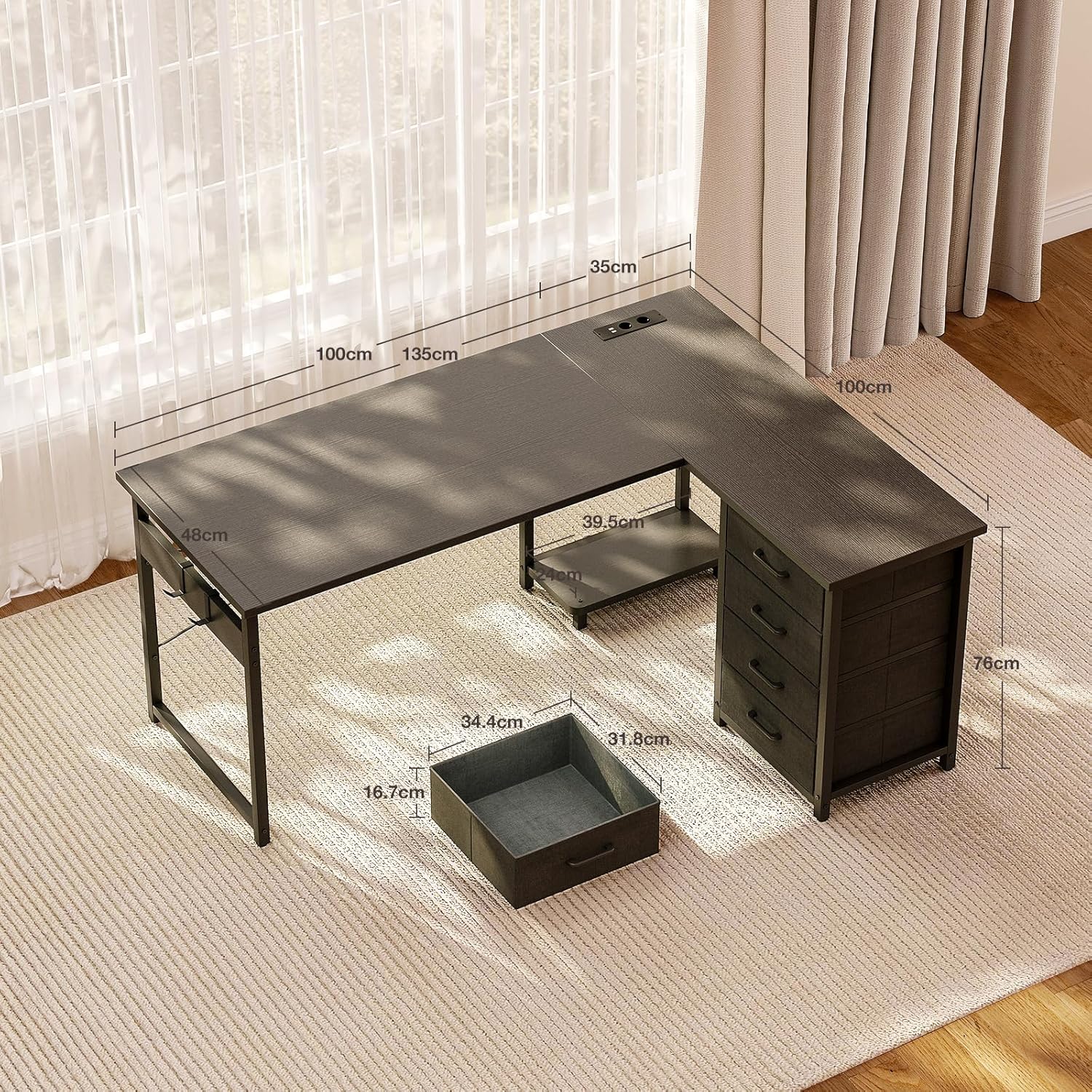Detalle de ODK Eckschreibtisch mit 4 Schubladen – L-Form 135×100 cm, integrierte Steckdose & USB-Ladeanschluss, reversibel, Schwarz