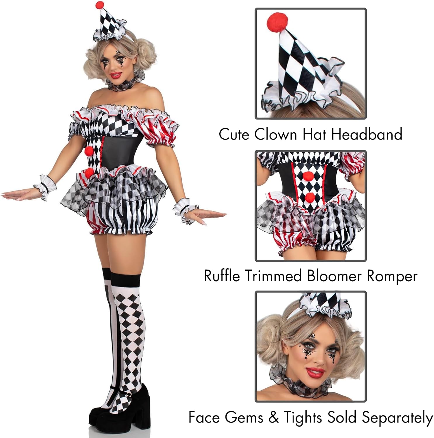 Detalle de Leg Avenue Darling Harlequin Clown Costume with Hat, Ruffles and Pom-Poms