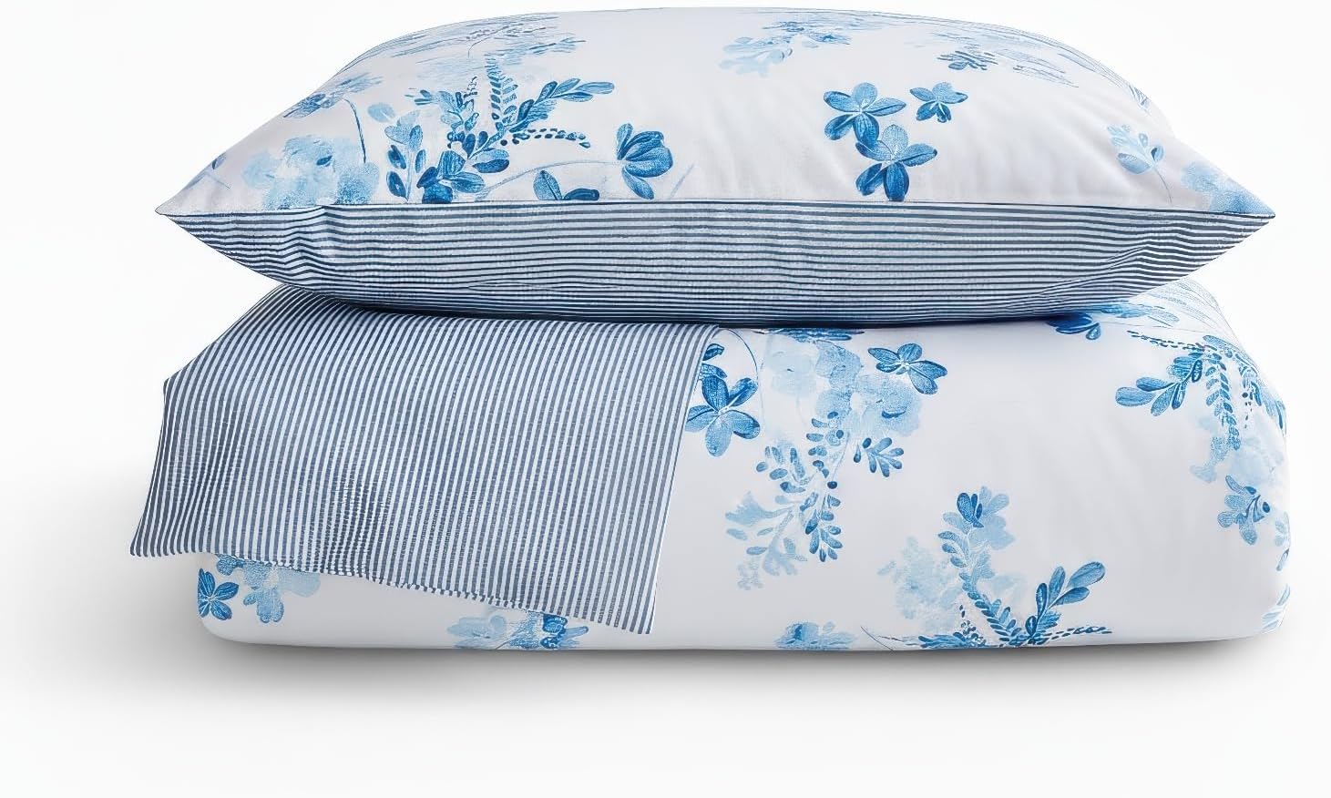 Thumbnail 5 de LERUUM Bettwäsche-Set Baumwolle 155x220 (Blau/Weiß gestreift & Blumen) inkl. Kissenbezug 80x80