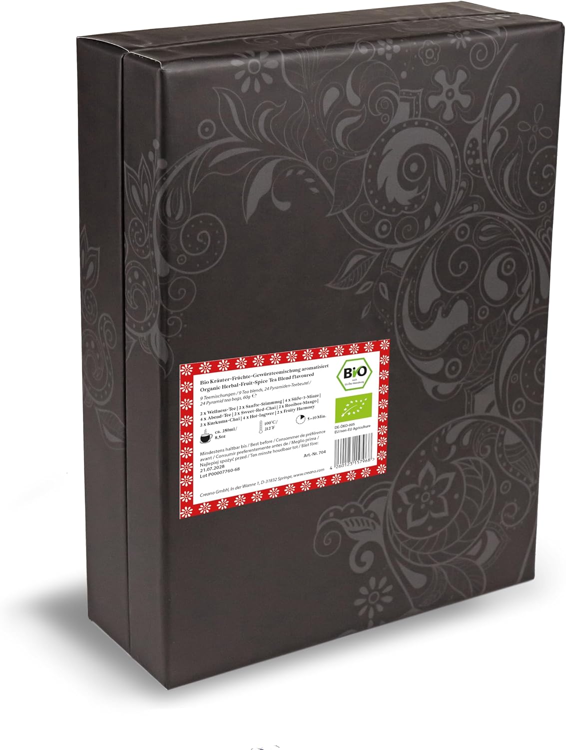 Detalle 2 de Coffret Cadeau Tisanes Bio Creano – 24 sachets pyramidaux, 9 infusions aux herbes, fruits & épices