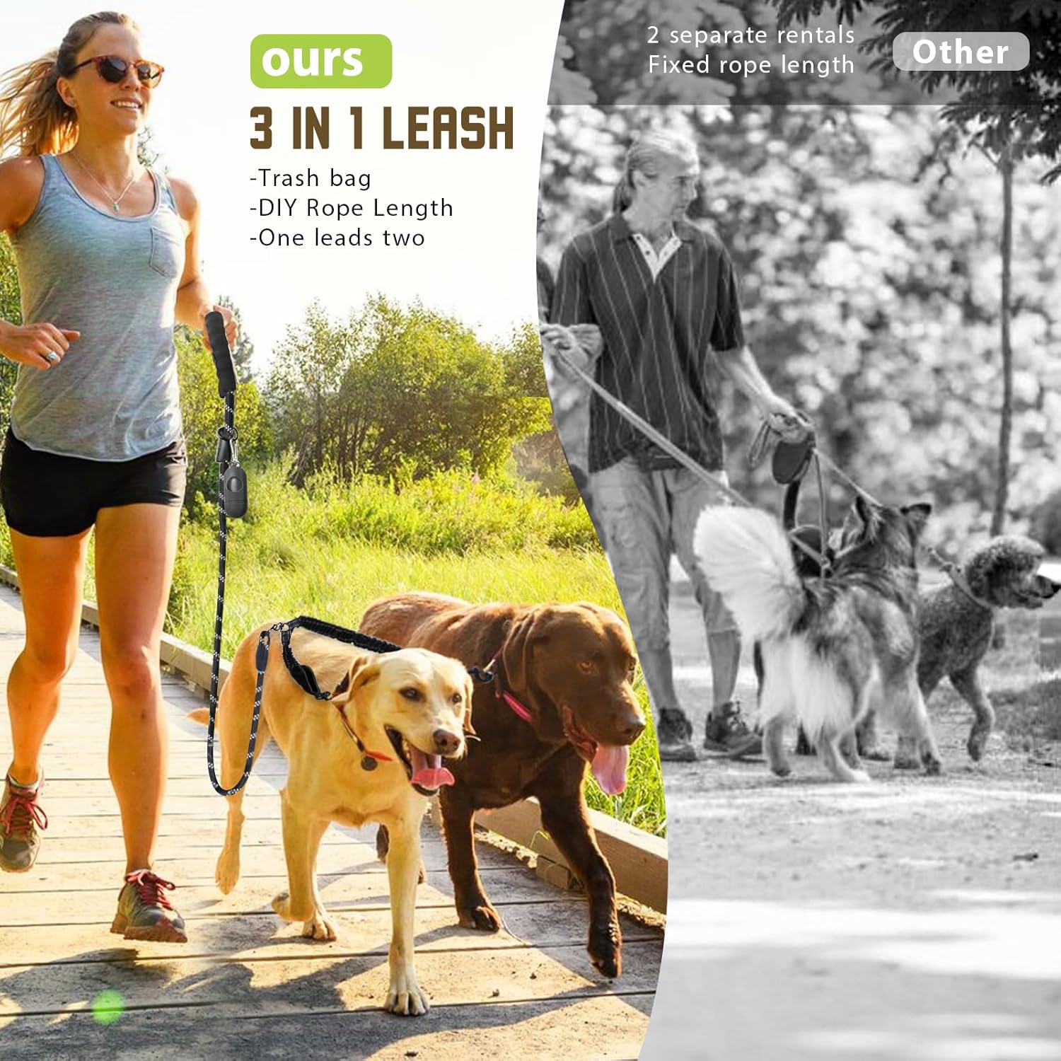 Detalle de Blanlody Double Dog Lead for Walking 2 Dogs — No-tangle bungee split lead with reflective design and padded handles