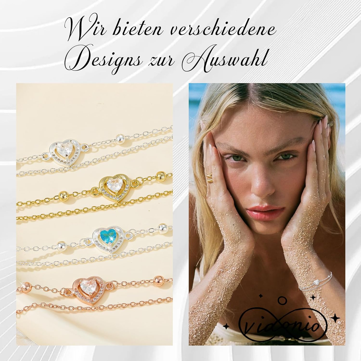 Thumbnail 5 de vidonio Layered Herz-Armband für Damen aus 925 Silber – verstellbar, mit Cubic-Zirkonia