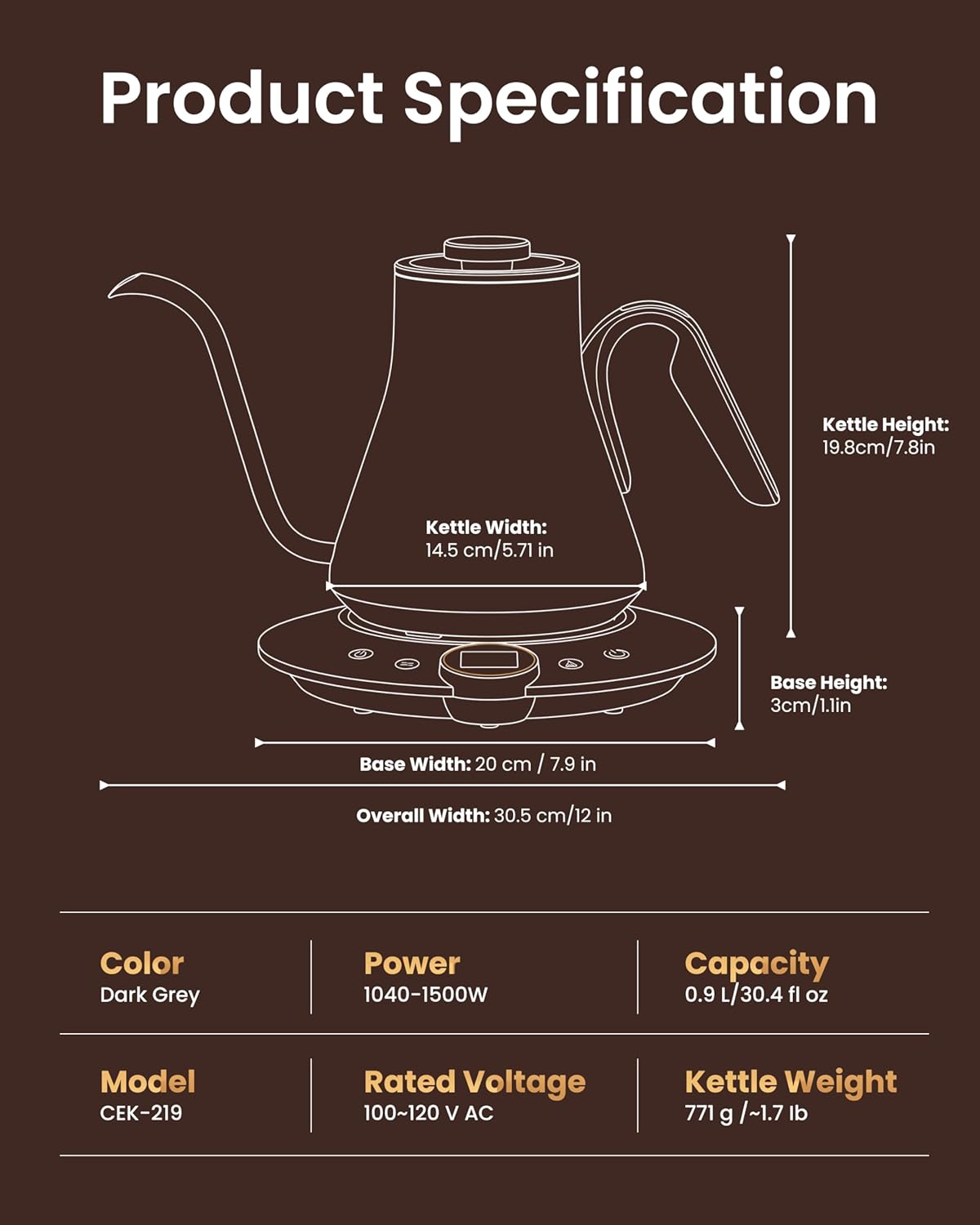 Detalle de INTASTING Electric Kettle with Gooseneck Spout, ±1℉ Temperature Control (0.9L, Dark Grey)