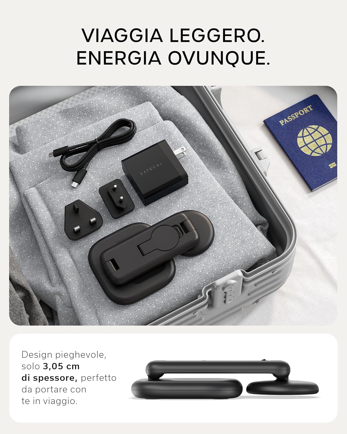 Detalle 2 de Stazione di Ricarica Wireless 3 in 1 Qi2 di SATECHI: ricarica MagSafe, Apple Watch e AirPods in un unico dock pieghevole