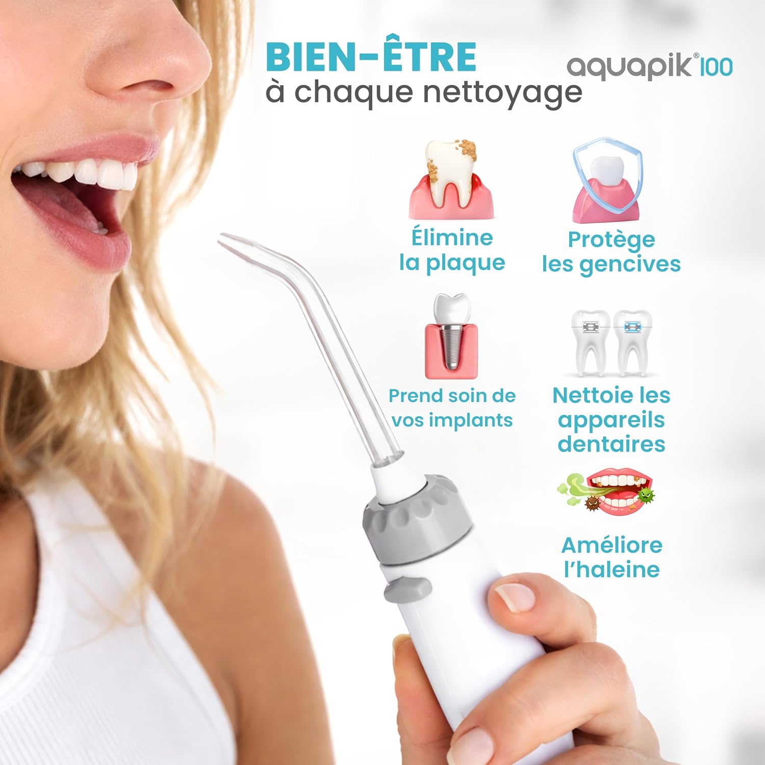 Detalle de Aquapik Hydropulseur – Water Flosser avec 8 embouts et 10 niveaux de pression
