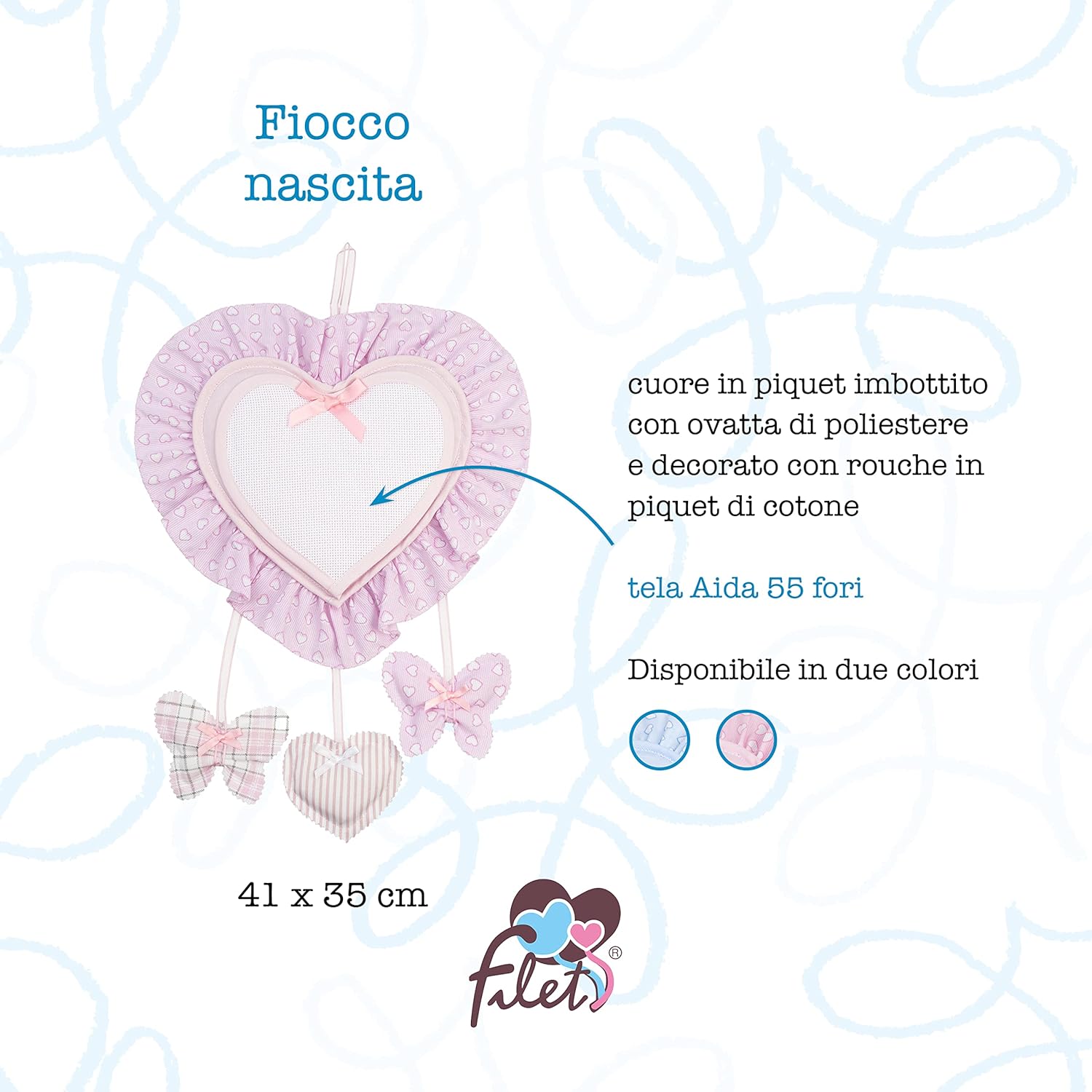 Thumbnail 1 de FILET Fiocco Nascita Cuore in Cotone con Inserto Aida 14 ct e Pendagli Rosa