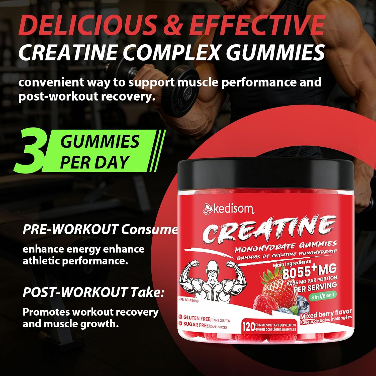 Thumbnail 6 de KEDISOM Creatine Gummies, 8-in-1 Blend, Sugar-Free Mixed Berry, 120 Count