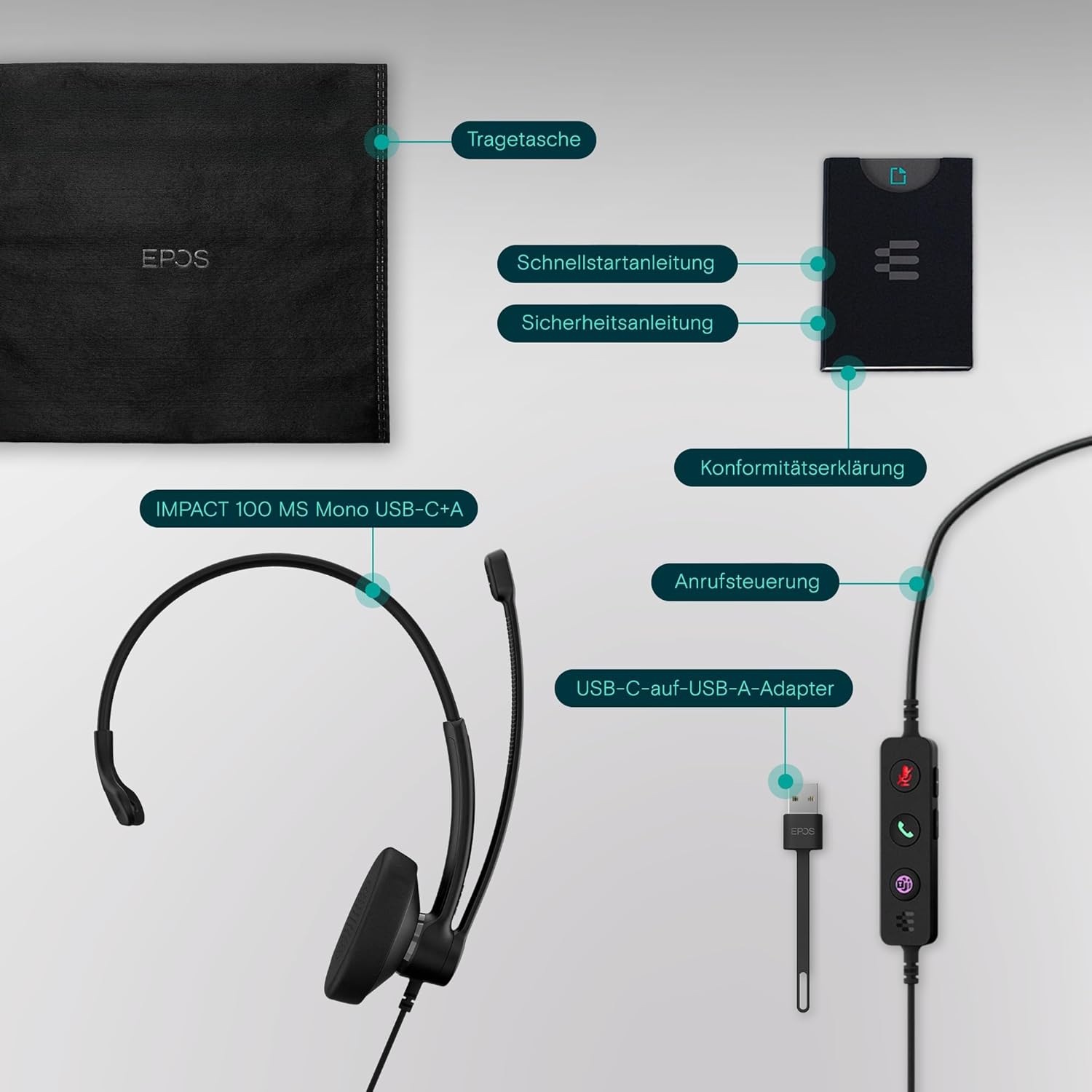 Thumbnail 5 de EPOS Impact 100 MS Mono-Headset mit Mikrofon – Microsoft Teams zertifiziert, USB‑C & USB‑A, Schwarz