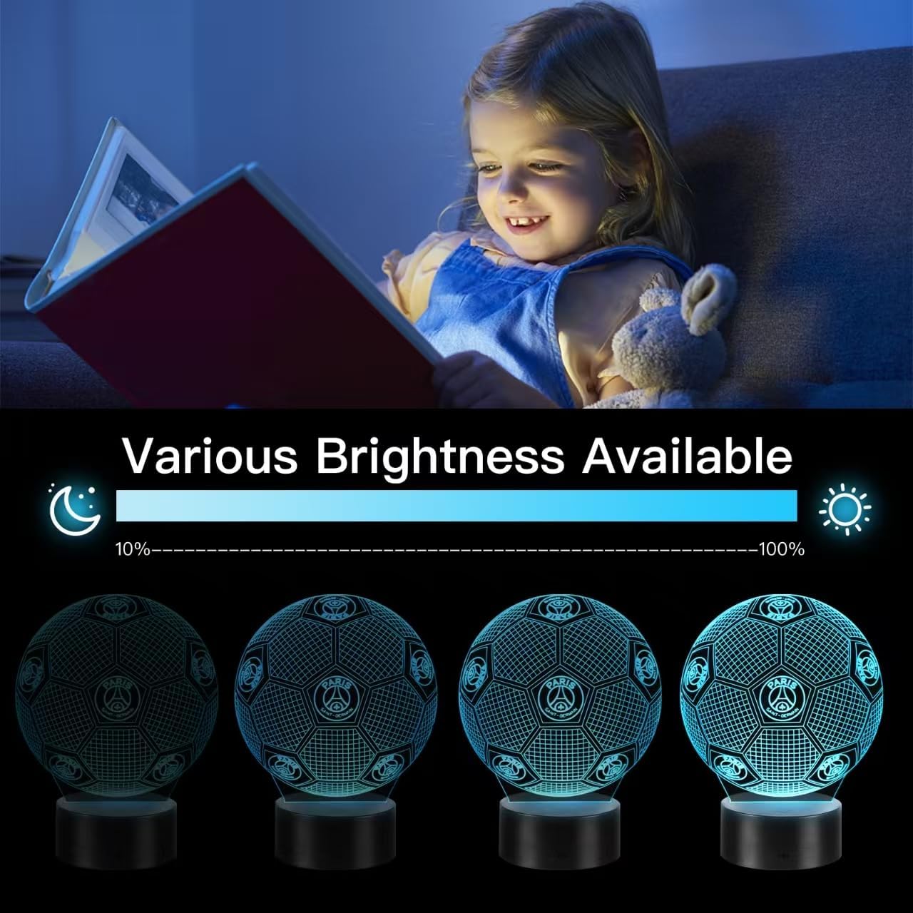 Detalle de Veilleuse 3D Paris Football LED pour enfants avec télécommande et 16 couleurs