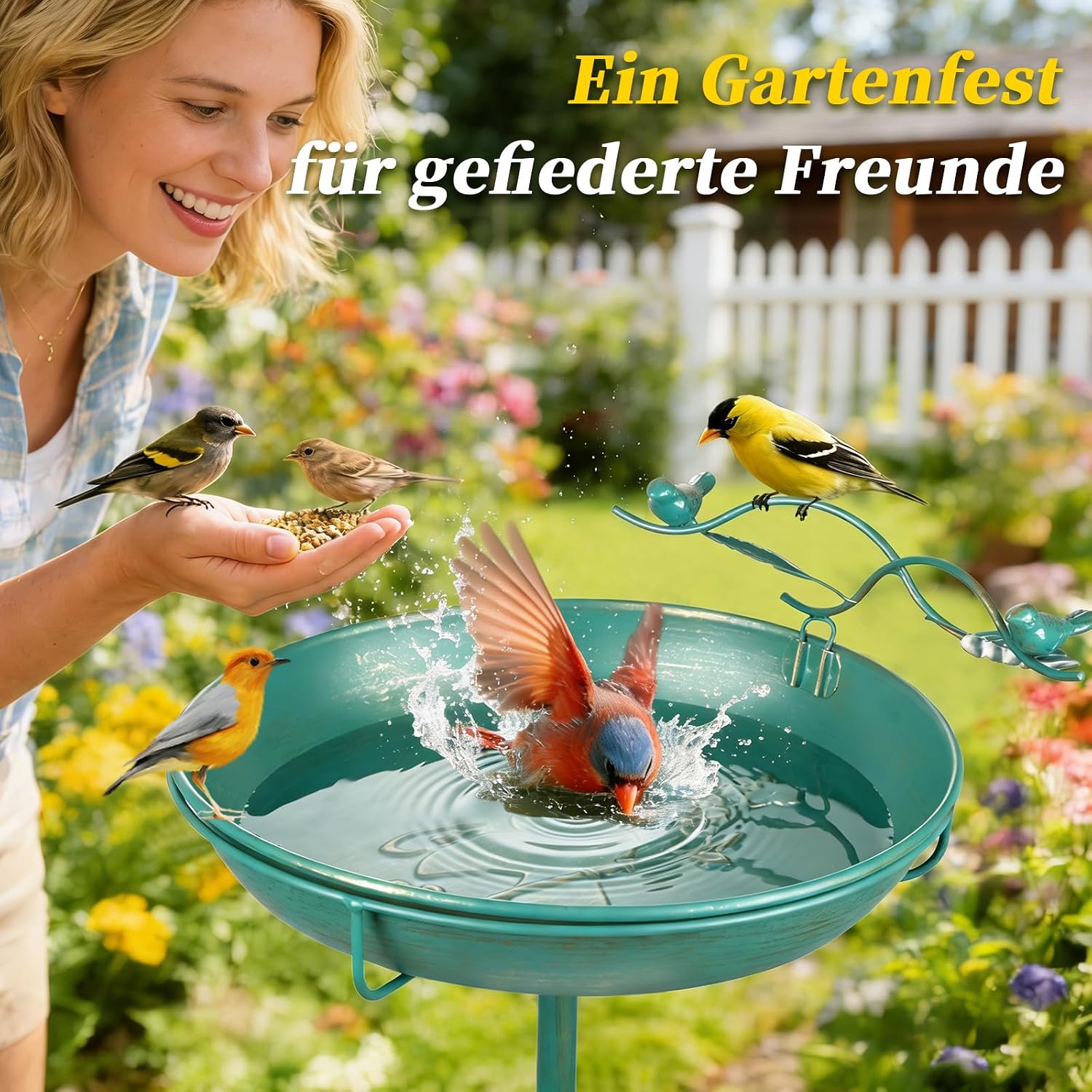 Thumbnail 6 de Mellbree Vogeltränke Stehend – Großes Vogelbad mit Sitzstange (30 cm) aus Metall, Seeblau mit Goldverzierungen