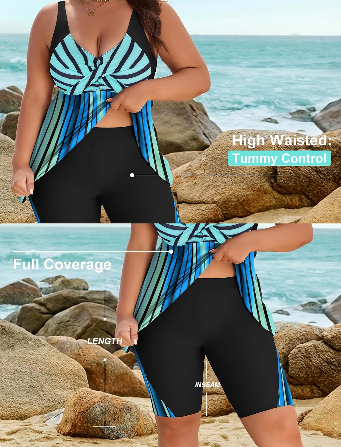 Detalle 2 de Arolina Plus Size Two-Piece Modest Tankini with Tummy Control and Shorts